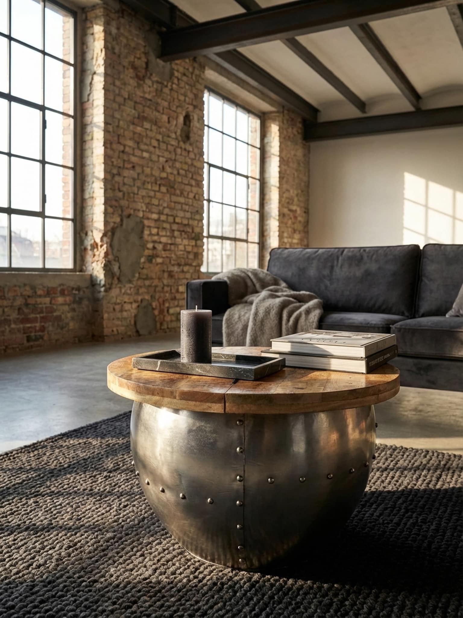 Couchtisch Mangoholz Metall Industrial 60x43x60 cm Rund mit Stauraum Silber - Bild 1