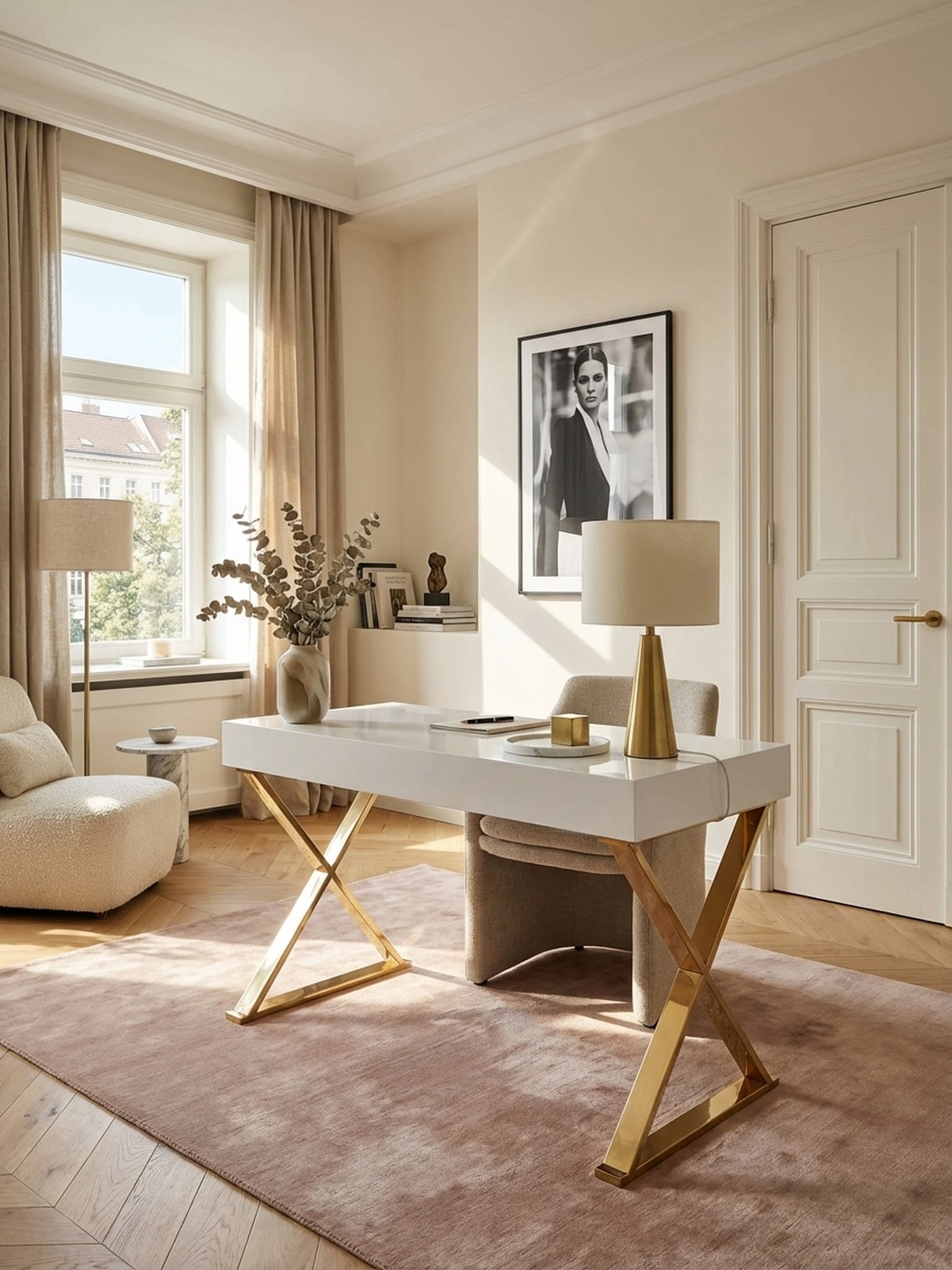 Schreibtisch &ndash; Hochglanz Wei&szlig;, 118x76x57 cm, goldene Metallbeine, 2 Schubladen - Bild 1