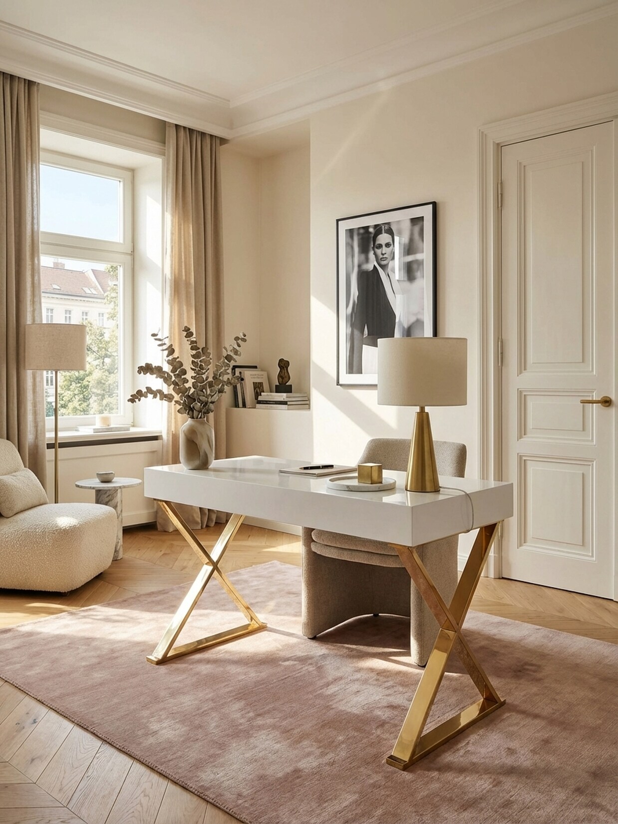 Schreibtisch – Hochglanz Weiß, 118x76x57 cm, goldene Metallbeine, 2 Schubladen