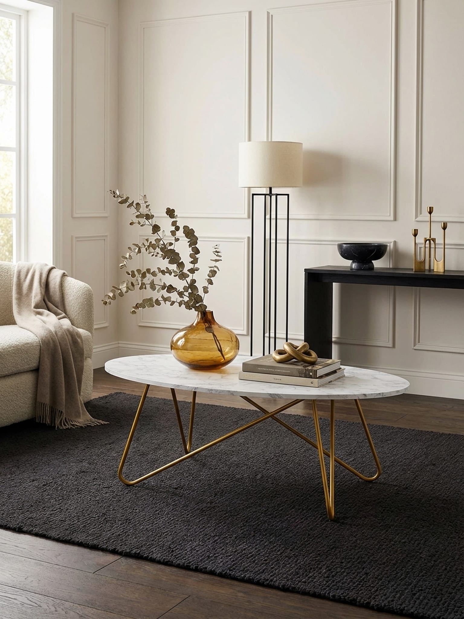 Couchtisch in Wei&szlig; mit Marmor-Optik und Metall-Gestell, 120x40x60 cm - Bild 1