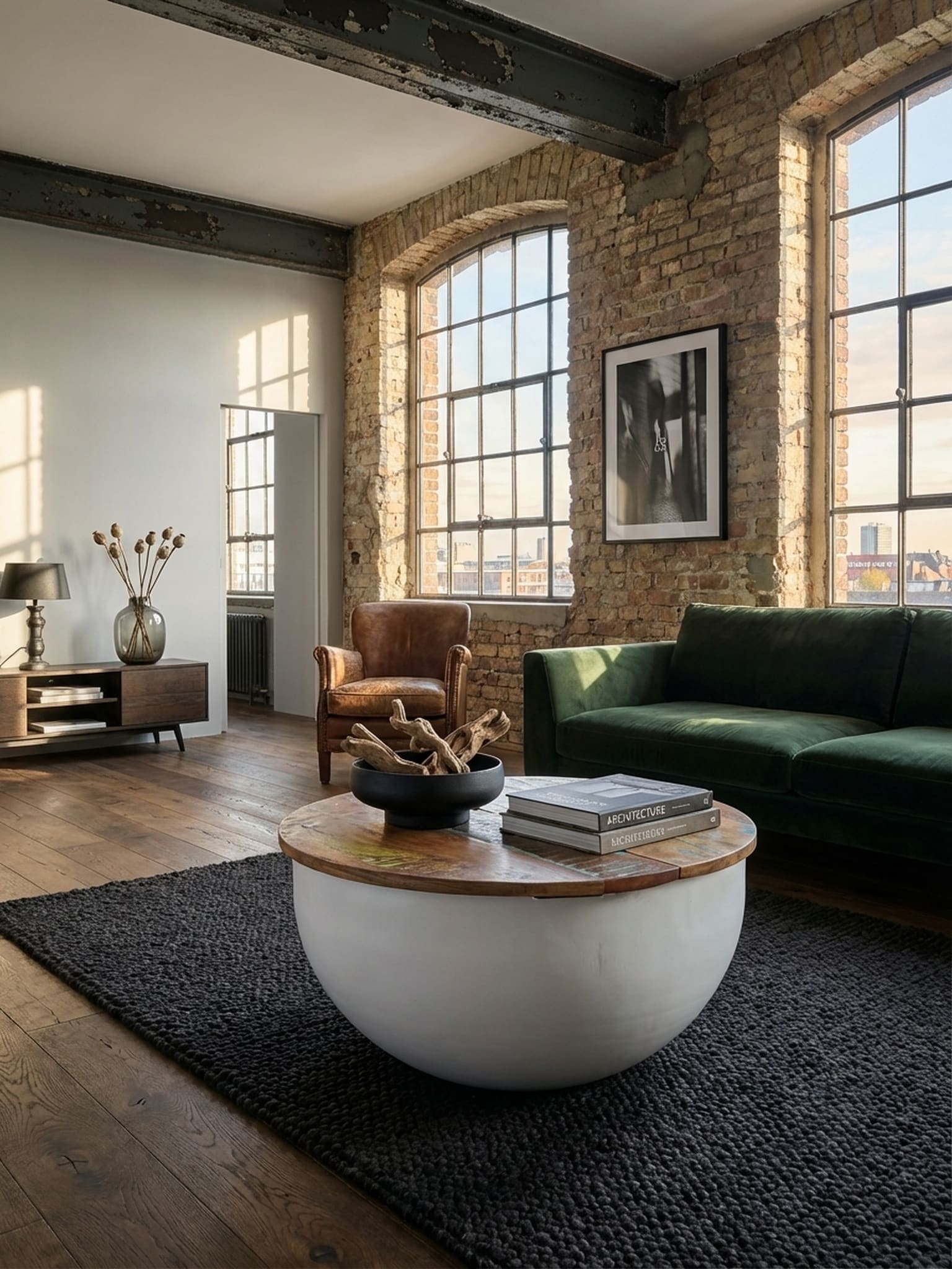 Couchtisch Wei&szlig; Massivholz Industrial Rund 60x34x60 cm mit Stauraum - Bild 1