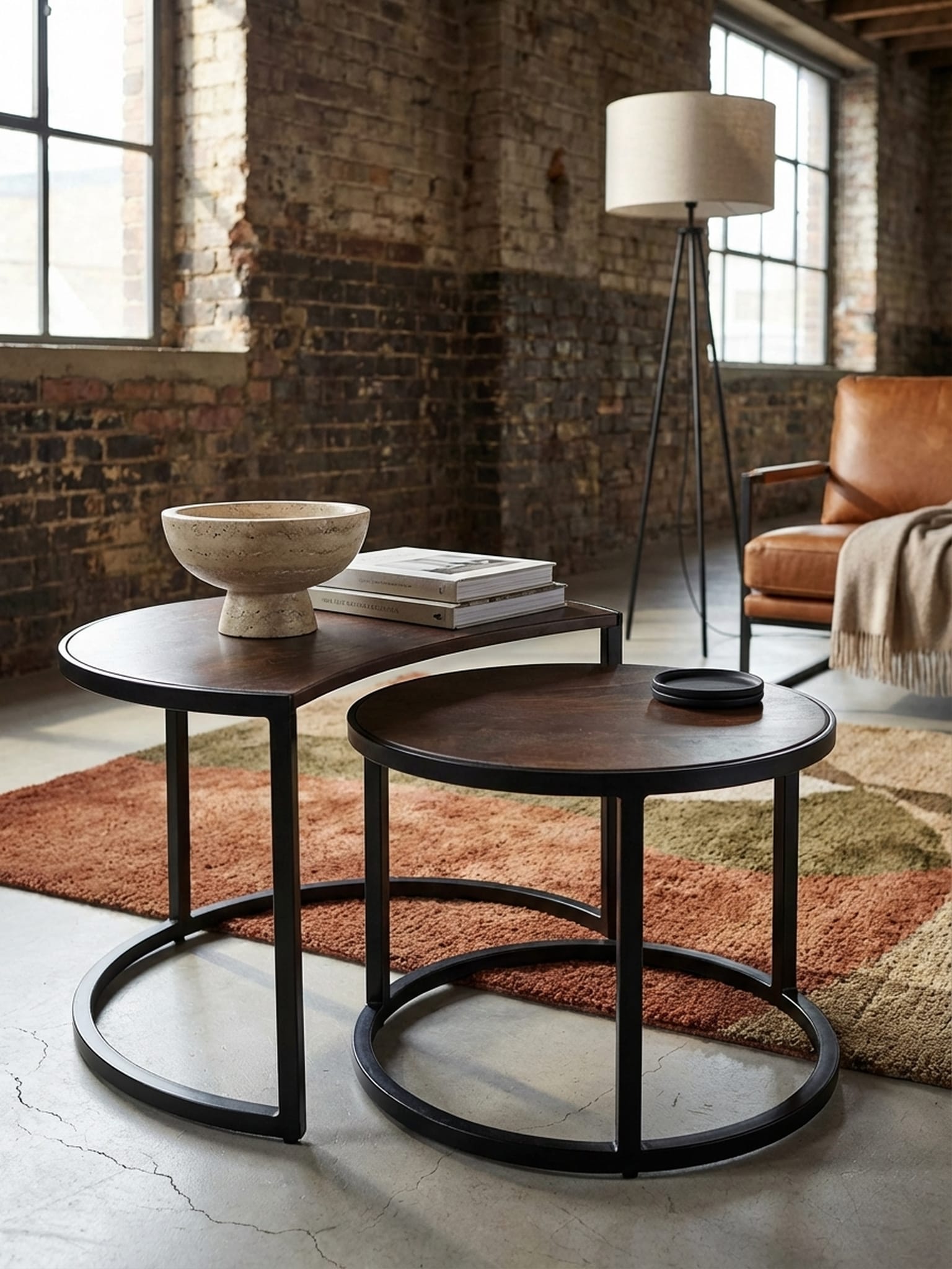 Couchtisch 2er Set Mango Massivholz Metall Rund Industrial, Dunkelbraun 41x60x41 cm - Bild 1