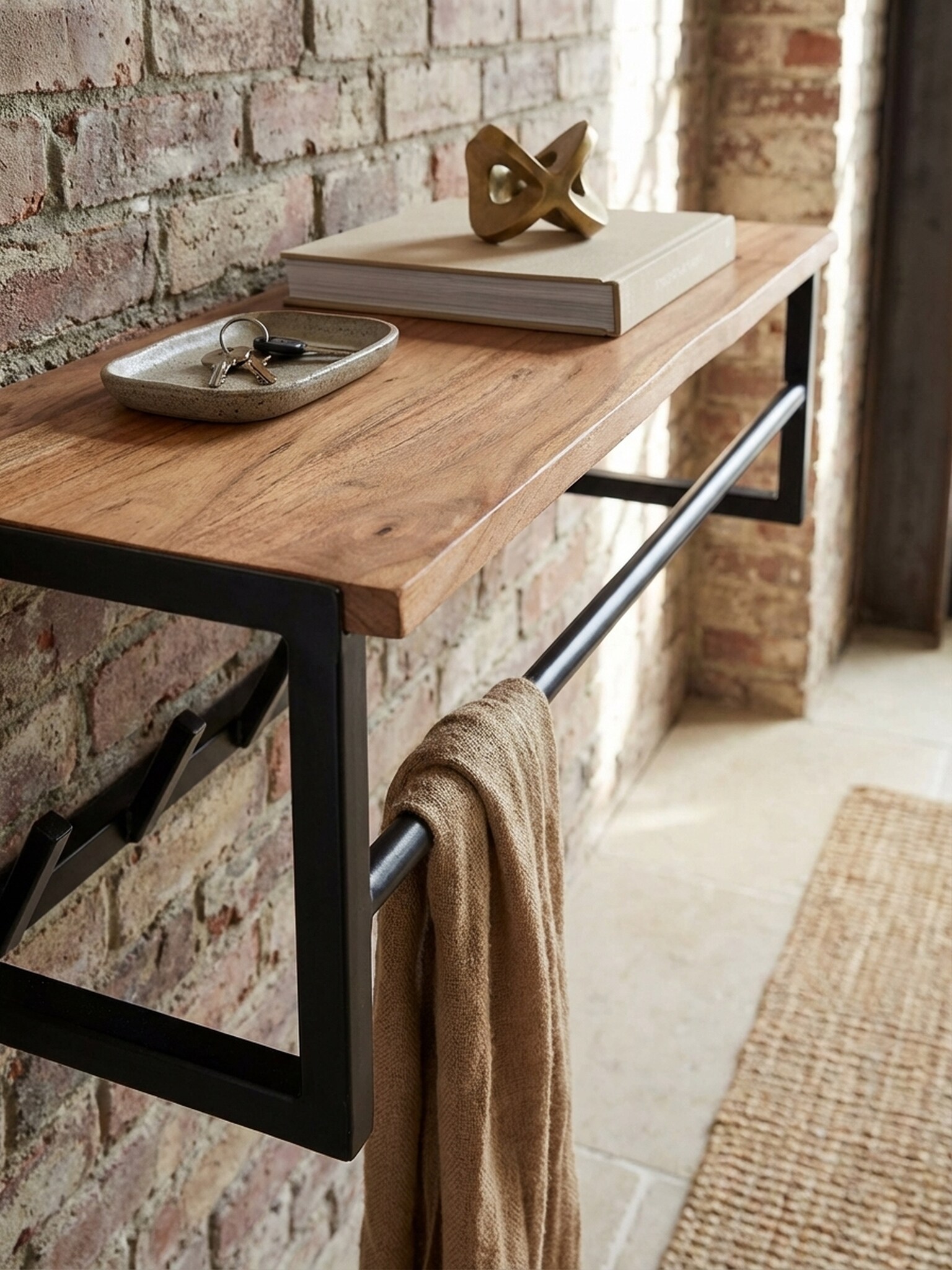 Wandgarderobe Akazie Massivholz Metall Modern 80x22x33 cm mit Ablage und Kleiderstange - Bild 1
