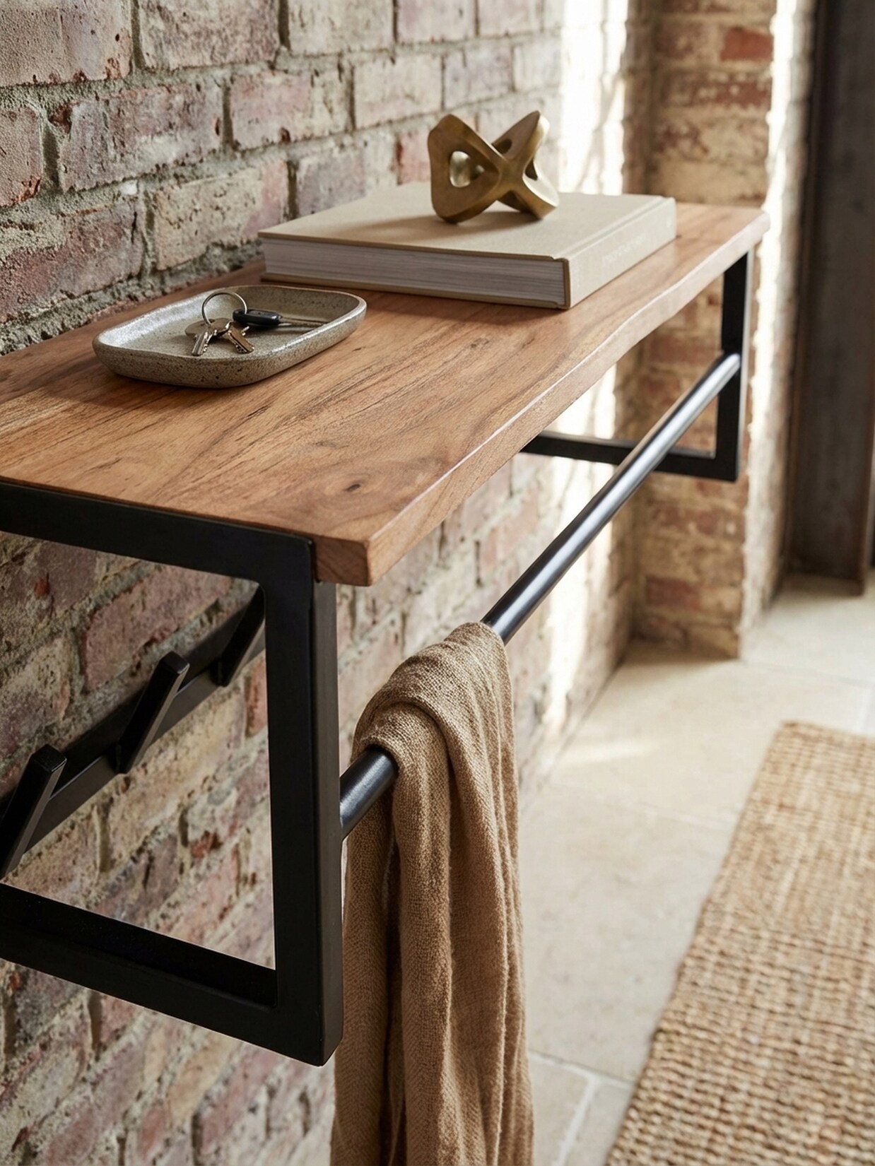 Wandgarderobe Akazie Massivholz Metall Modern 80x22x33 cm mit Ablage und Kleiderstange