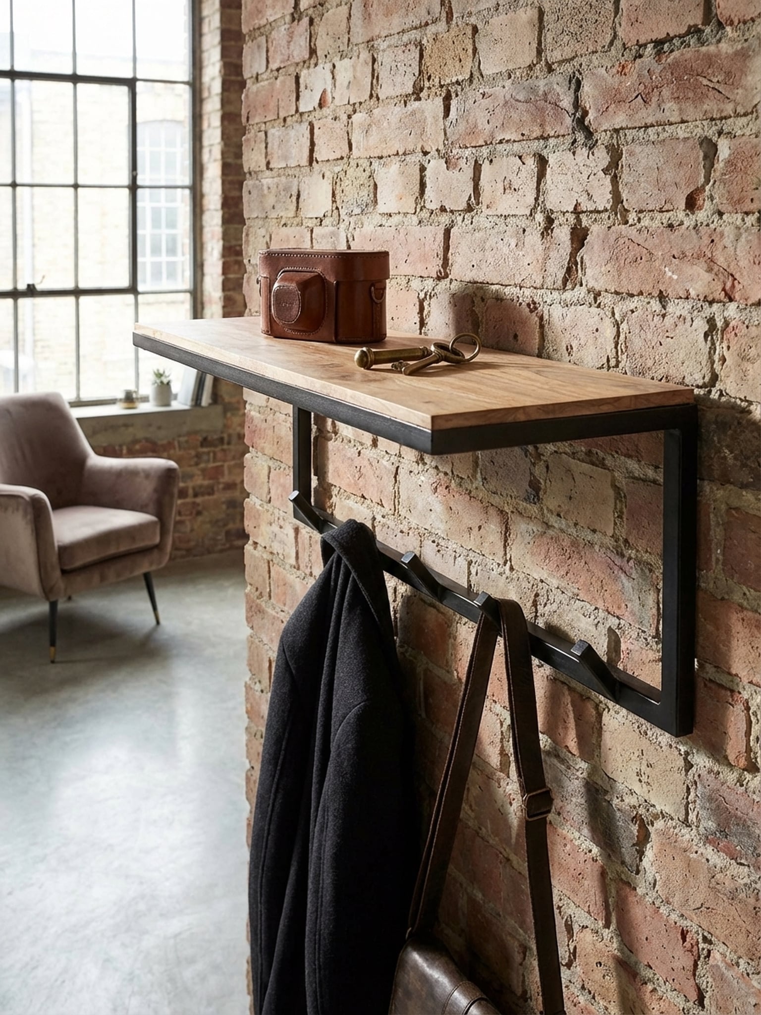 Wandgarderobe Akazie Massivholz Metall Modern 70x27x30 cm mit Hakenleiste und Ablage - Bild 1