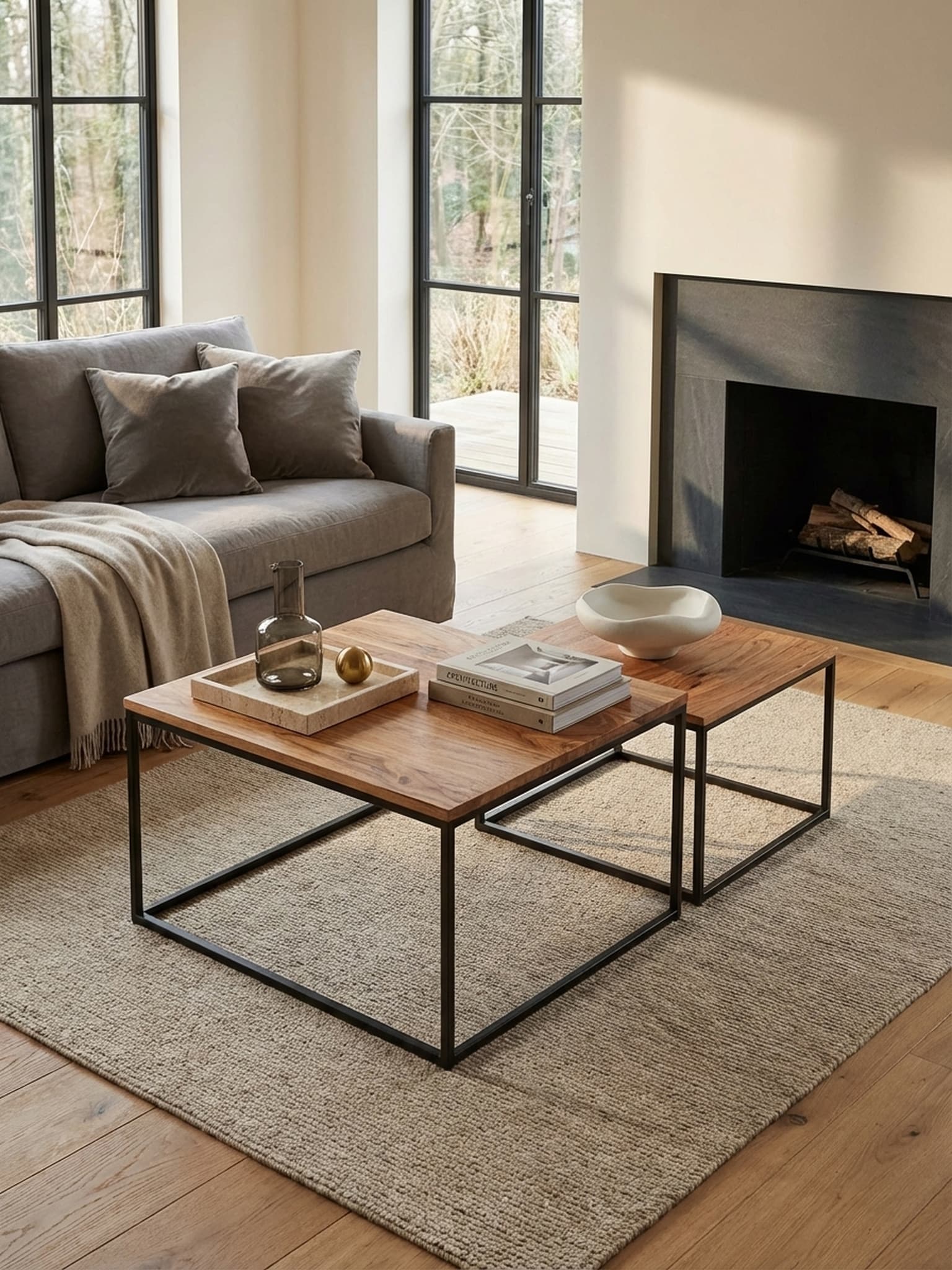 Couchtisch Set &ndash; 2-teilig Eckig Akazie Massivholz Metallgestell - Bild 1