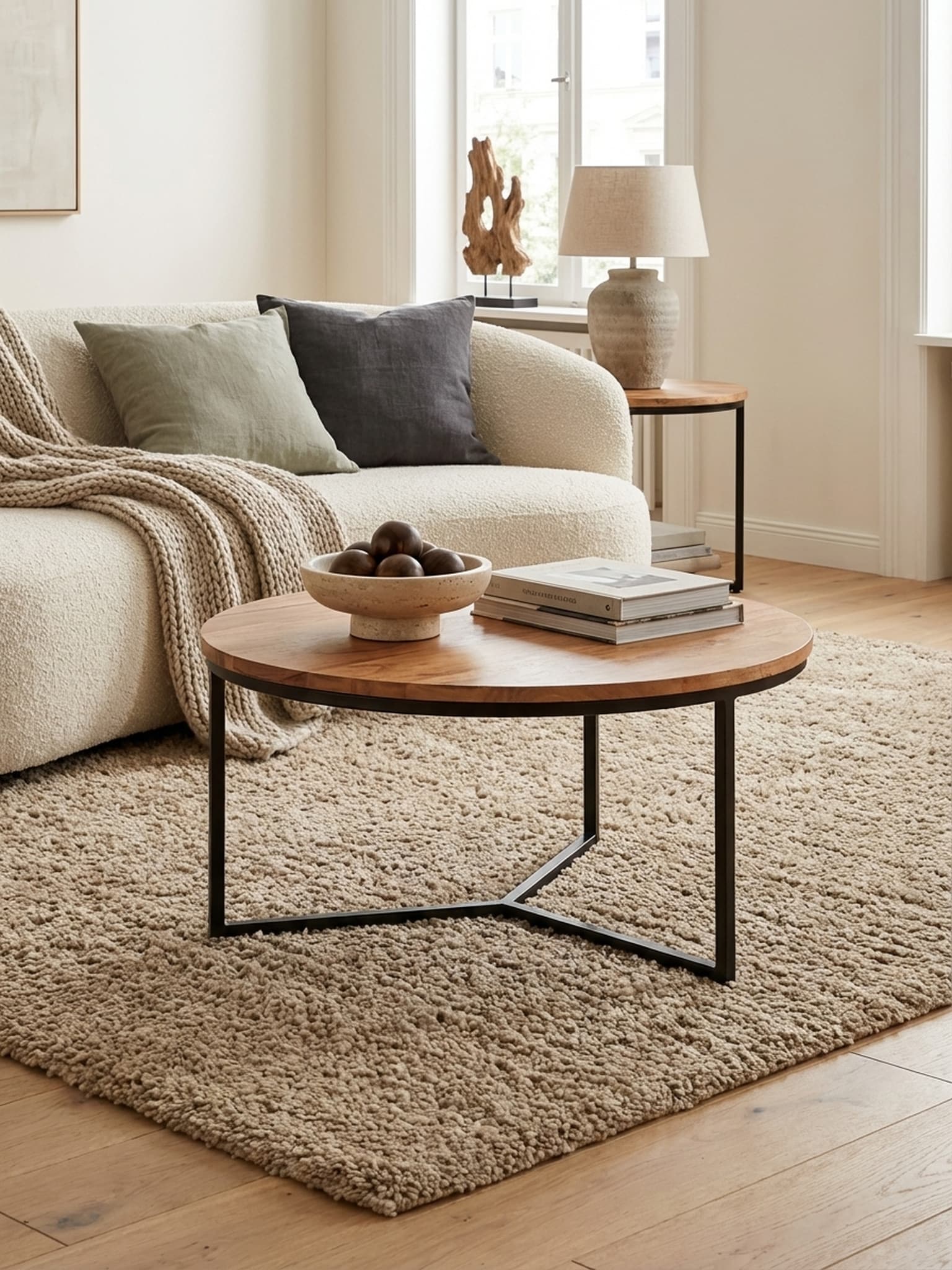 Couchtisch Rund Klein aus Akazie Massivholz mit Metall Design, 60x60x38 cm - Bild 1