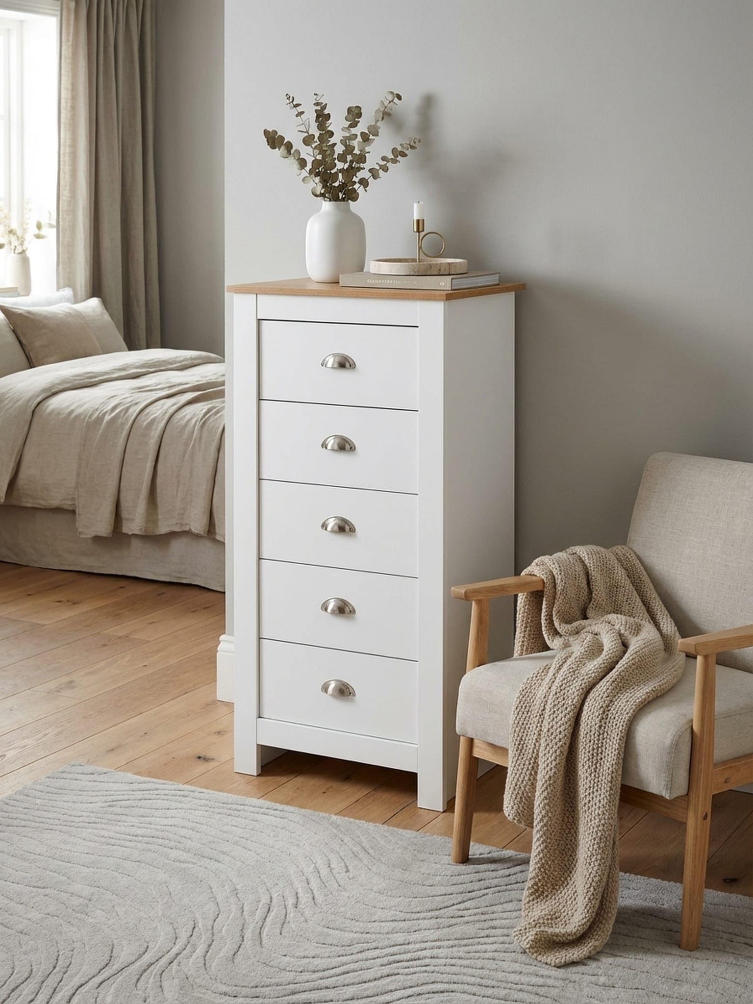Sideboard &ndash; Wei&szlig;/Eiche, 53x114x39&nbsp;cm, 5 Schubladen, schmal - Bild 1