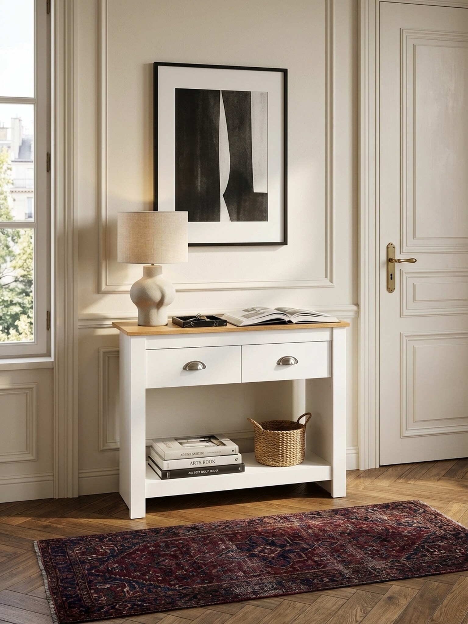 Konsolentisch &ndash; Wei&szlig;/Eiche, 85x35x76&nbsp;cm, schmal, mit Schubladen und Stauraum - Bild 1