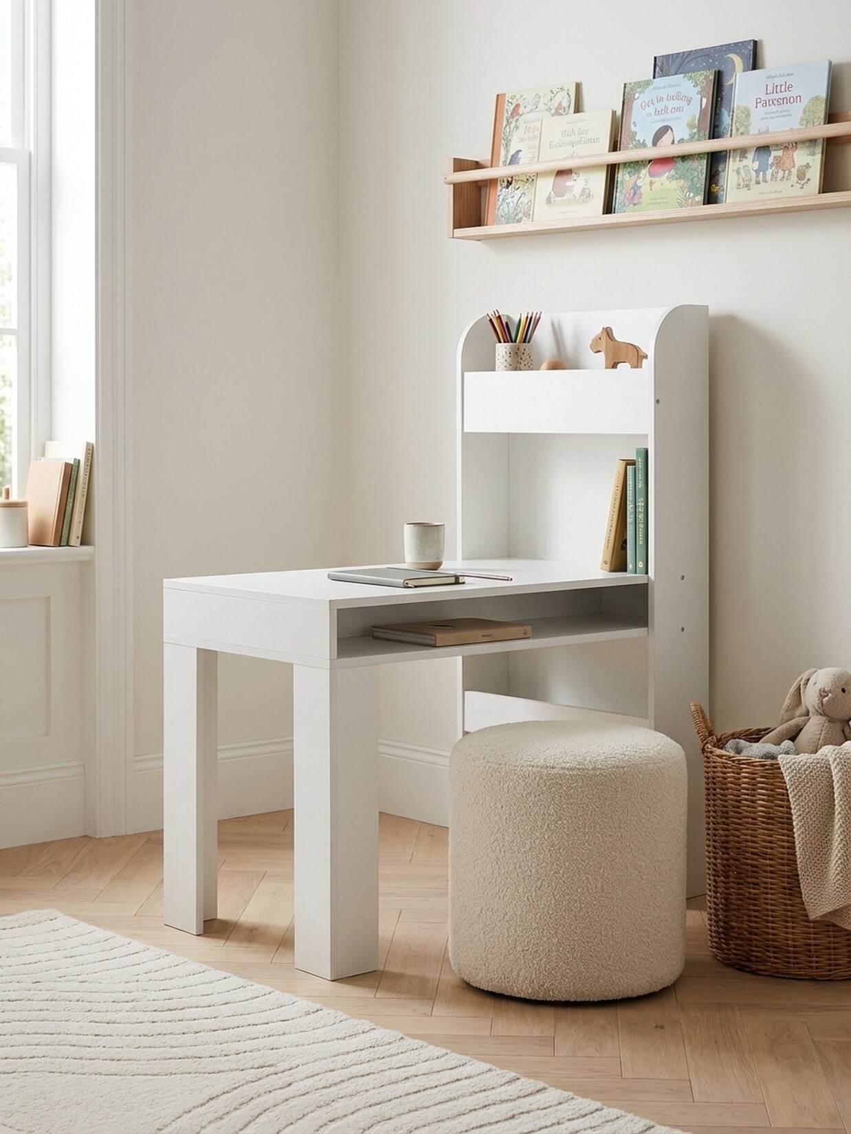 Kinderschreibtisch – Weiß, 90x50x110 cm, mit Regal, schmal, Stauraum, für Kinderzimmer