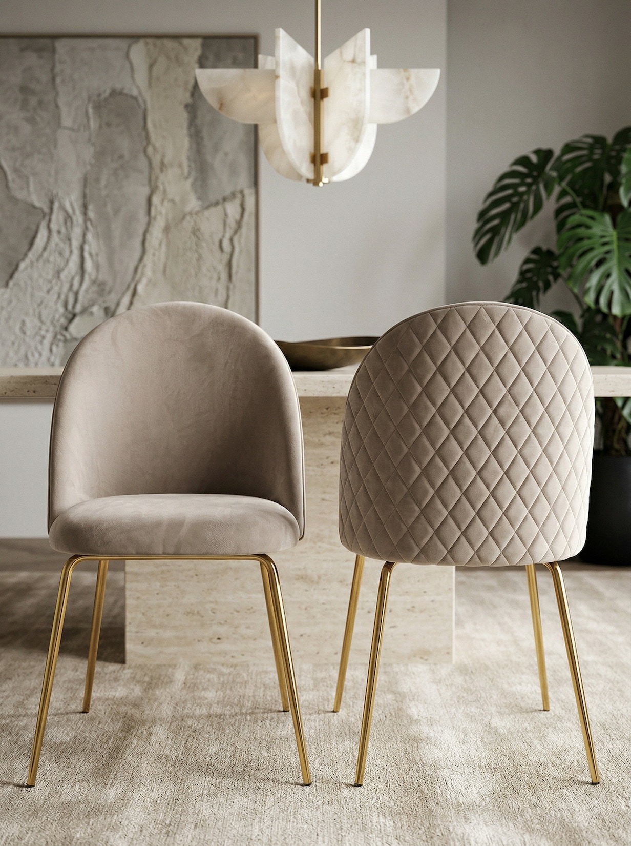 Esszimmerstuhl 2er Set Samtbezug mit Metallgestell Schalenform Skandinavisch gepolstert, Beige 53x50x87 cm