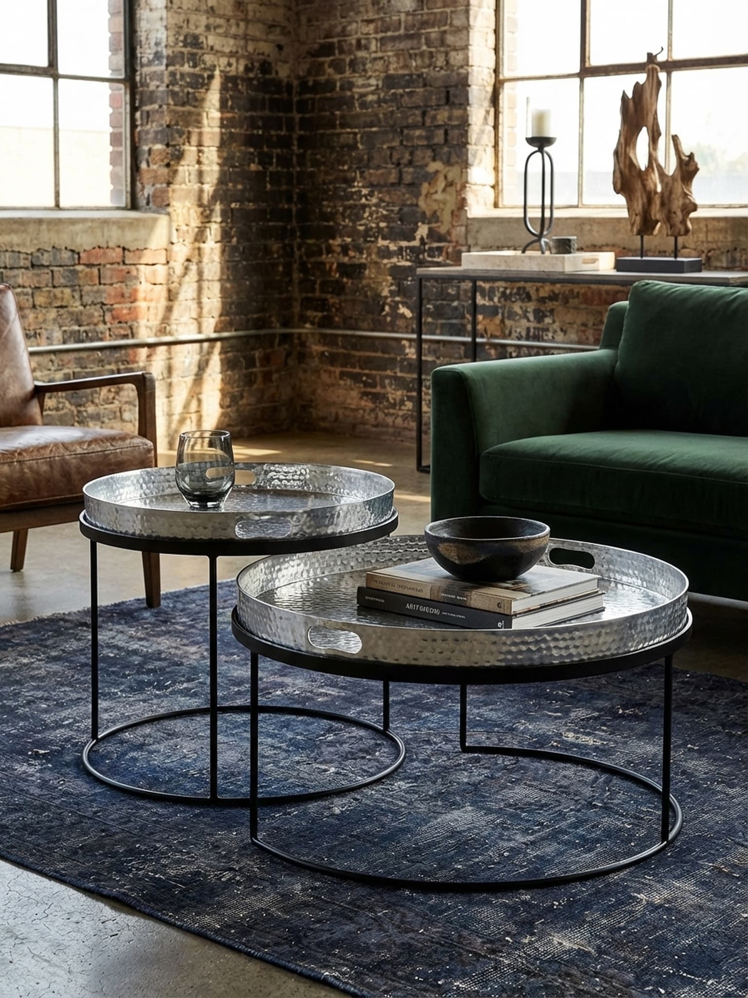Couchtisch 2er Set Metall Rund Hammerschlag Abnehmbares Tablett, Silbern 56x56x33 cm - Bild 1