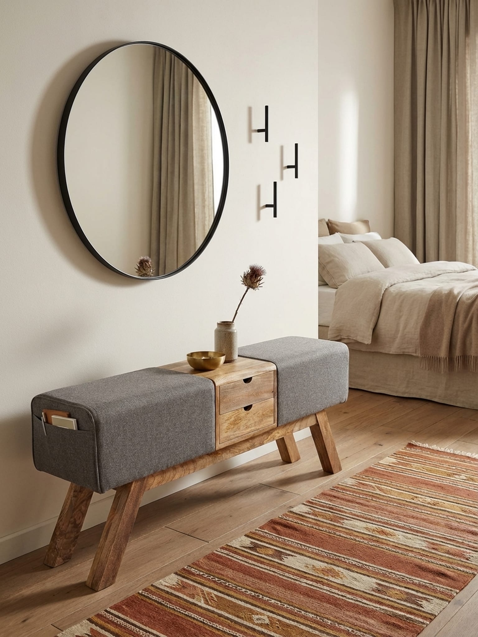 Sitzbank &ndash; Stoff/Massivholz, 120x56x30 cm, Grau, mit Schubladen, Turnbock-Design - Bild 1