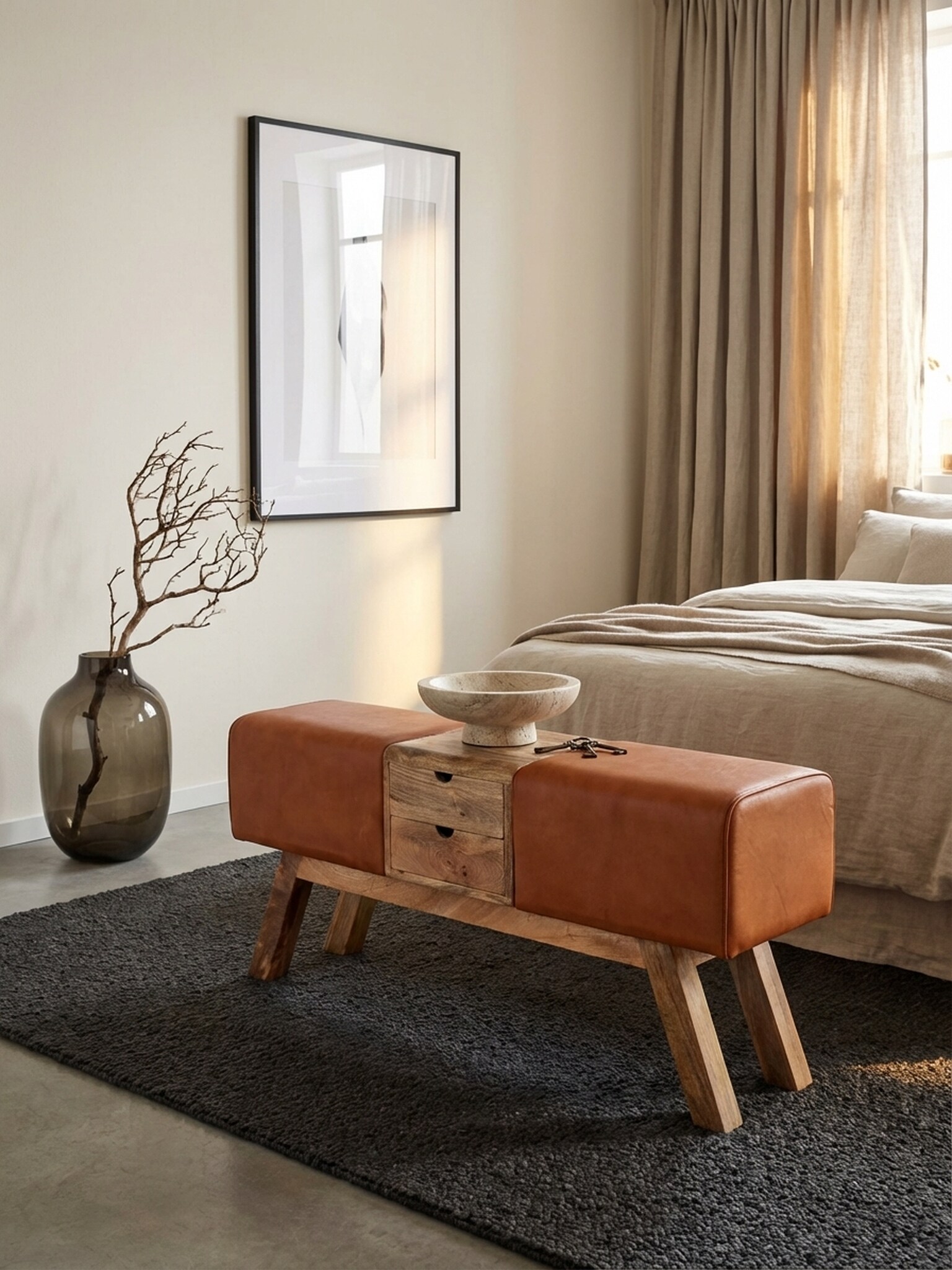 Sitzbank &ndash; Leder/Massivholz, 120x56x30 cm, Braun, mit Schubladen, Turnbock-Design - Bild 1