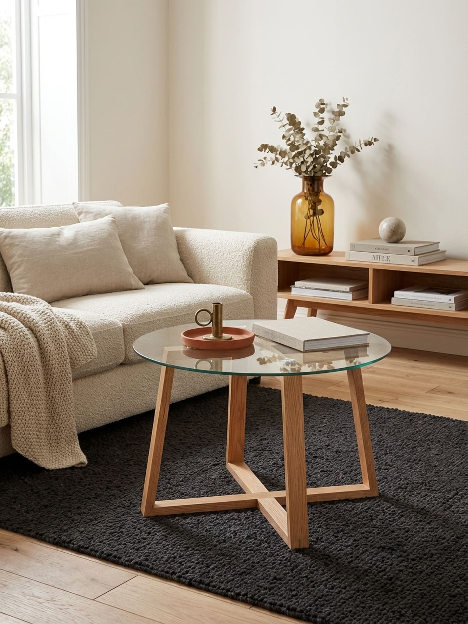 Couchtisch rund aus massiver Eiche und Glas in modernem Design, 58x58x47 cm - Bild 1