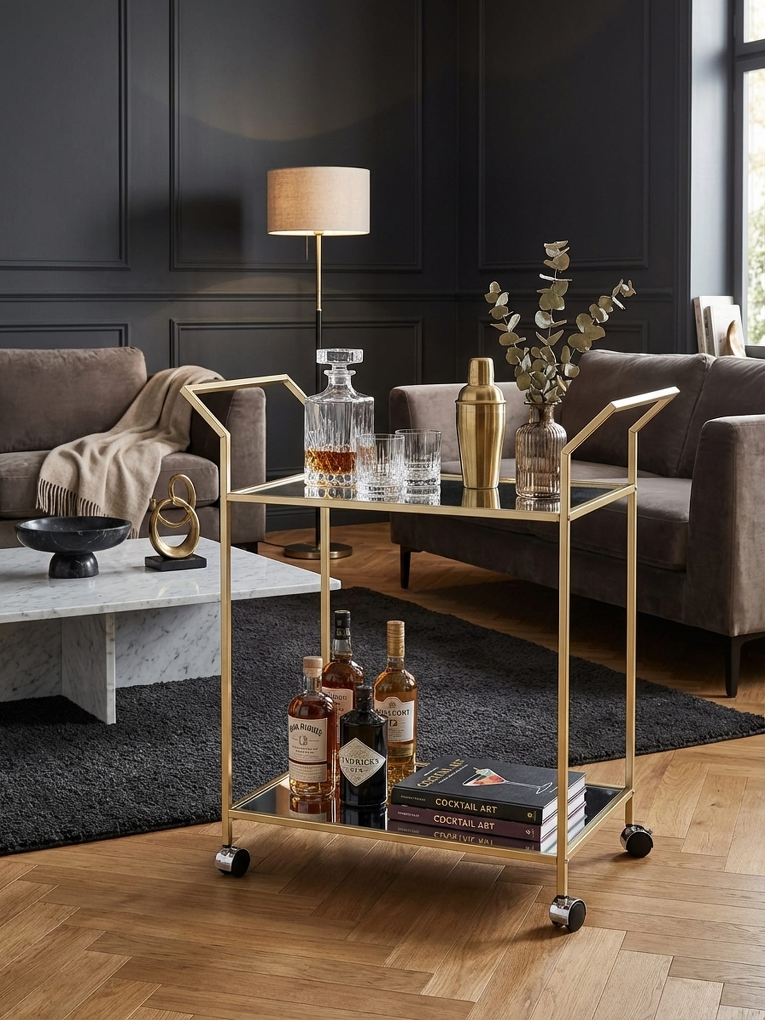 Servierwagen &ndash; Gold, 73x78x37 cm, Glasplatte, auf Rollen - Bild 1