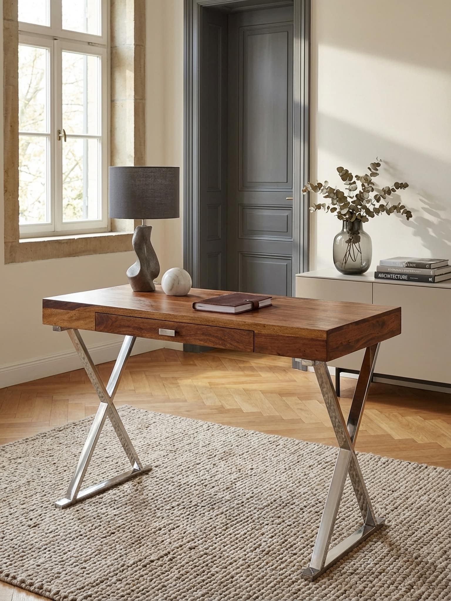 Schreibtisch Massivholz Metallgestell mit Stauraum, Braun-Silber 120x55x78 cm - Bild 1