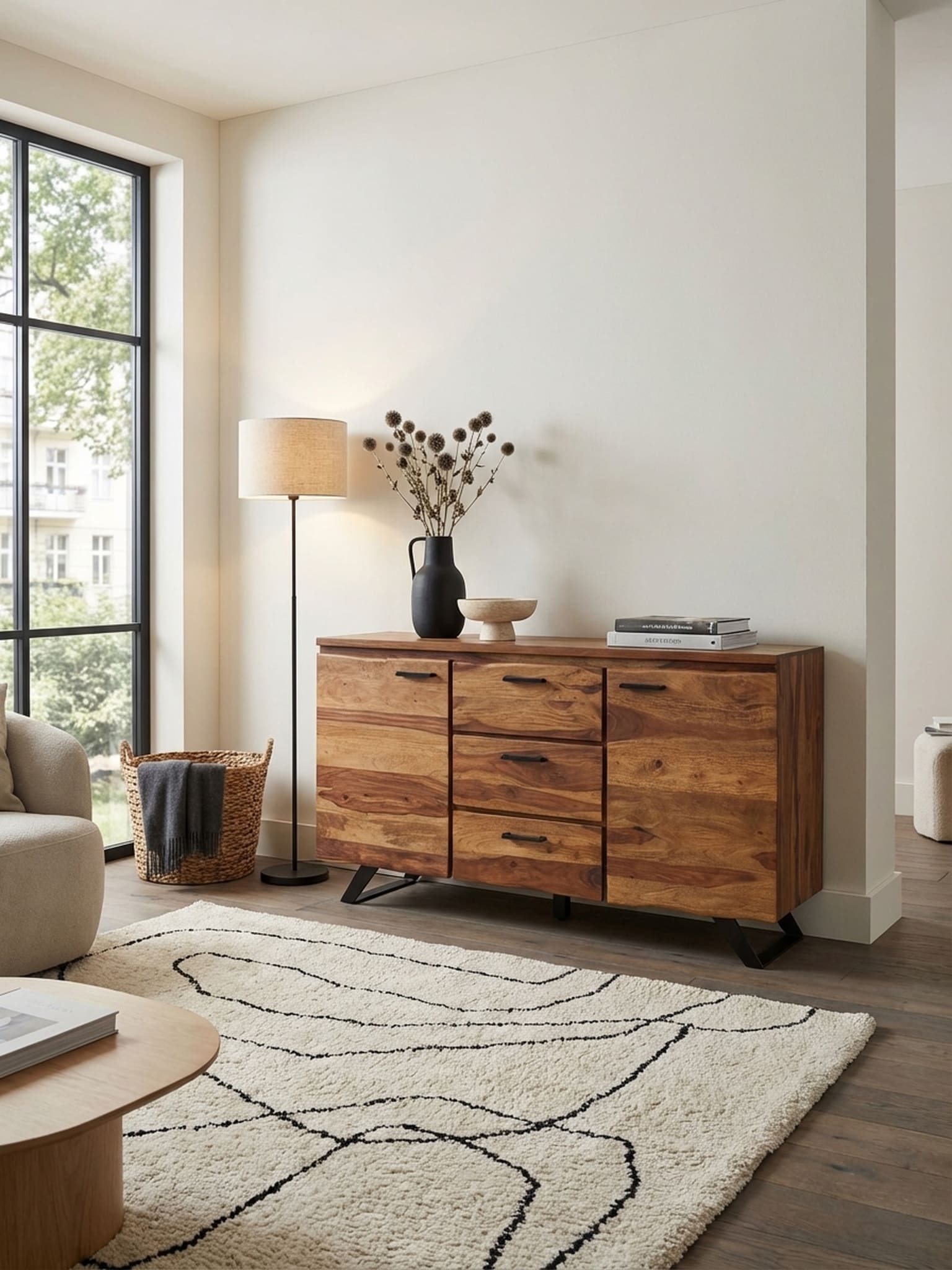 Sideboard &ndash; Massivholz/Metall, 145x82x45&nbsp;cm, mit Baumkante, Schubladen - Bild 1