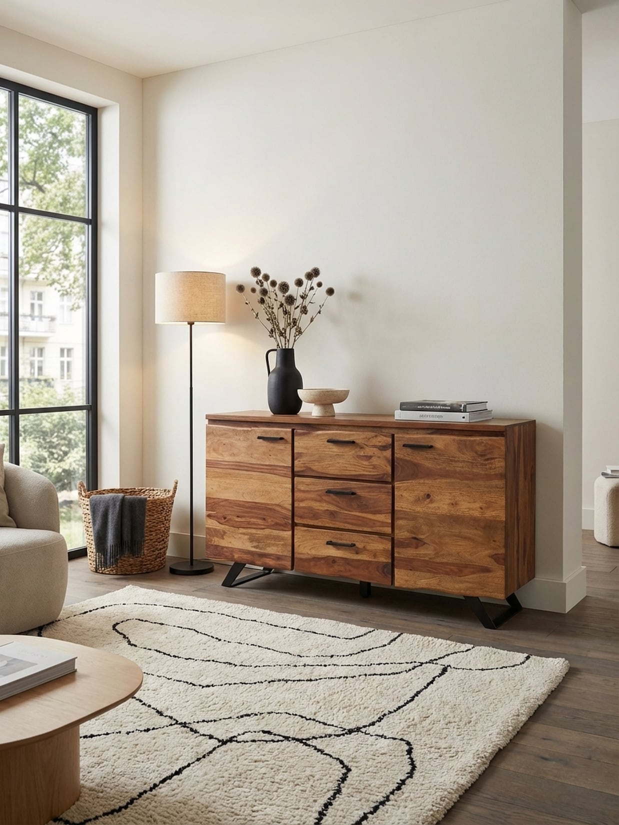 Sideboard – Massivholz/Metall, 145x82x45 cm, mit Baumkante, Schubladen