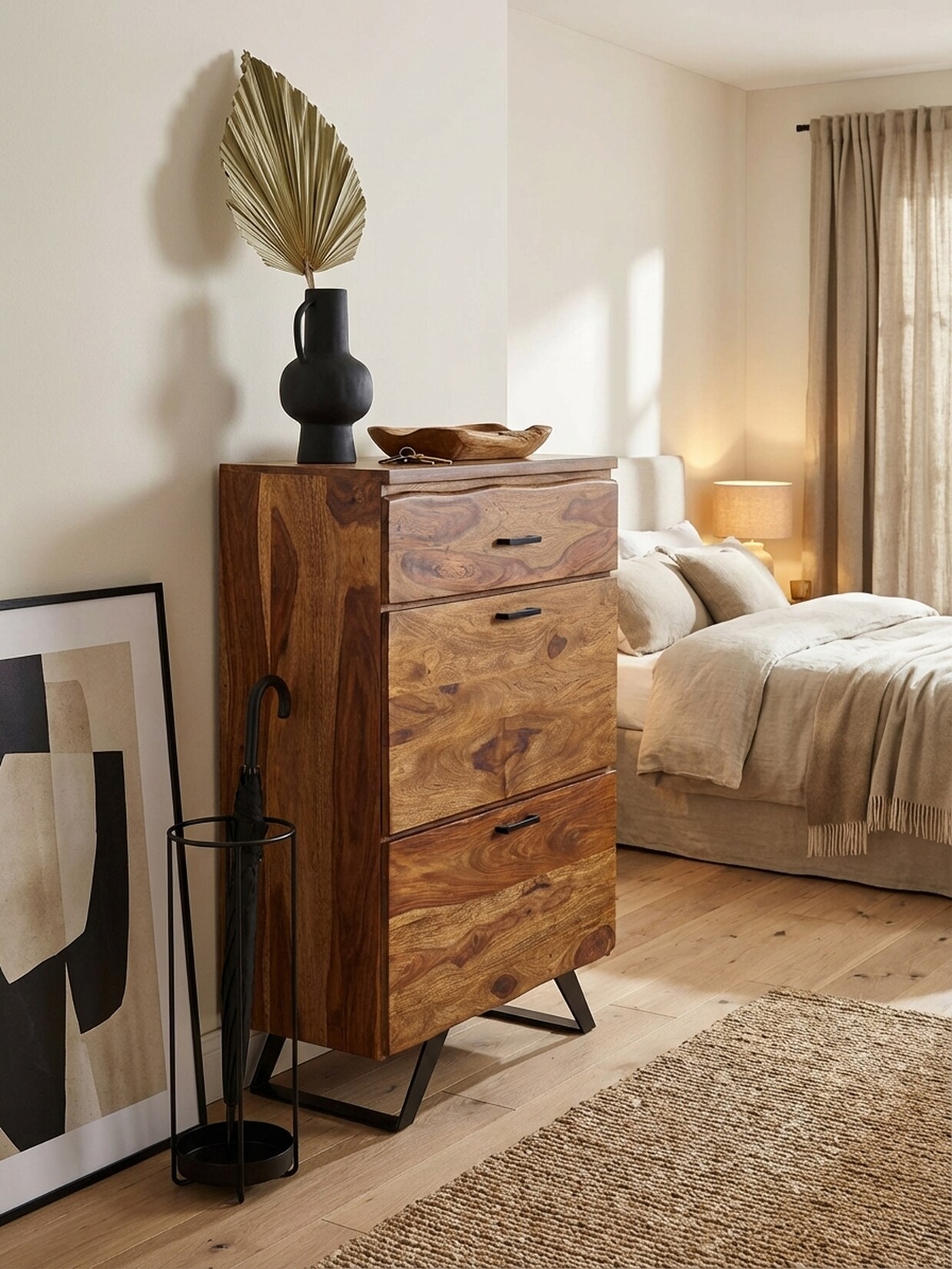 Kommode – Massivholz/Metall, 80x120x41,5 cm, mit Baumkante, hoch, 3 Schubladen