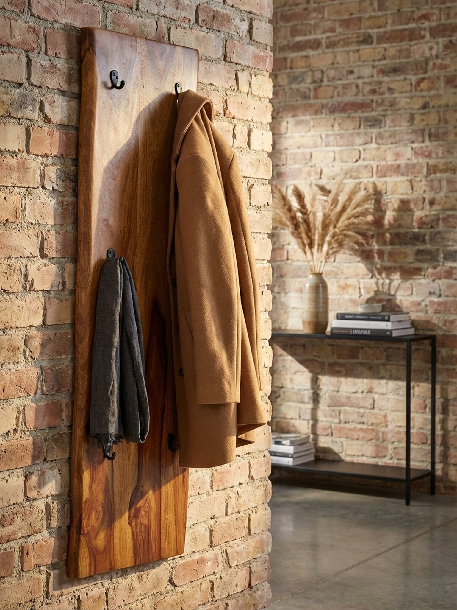 Wandgarderobe Massivholz Metall Modern 40x140x7 cm mit Baumkante und 2-reihiger Hakenleiste - Bild 1