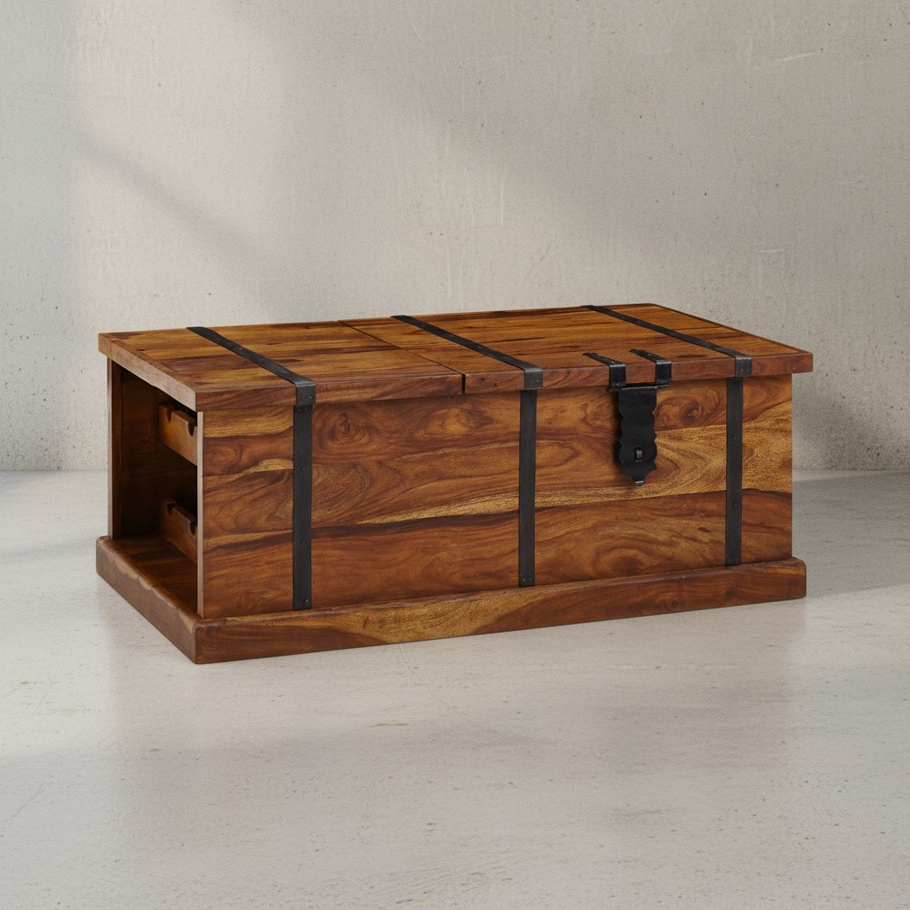 Couchtisch Massivholz Truhentisch mit integriertem Weinregal und Stauraum 100x60x40cm - Bild 1