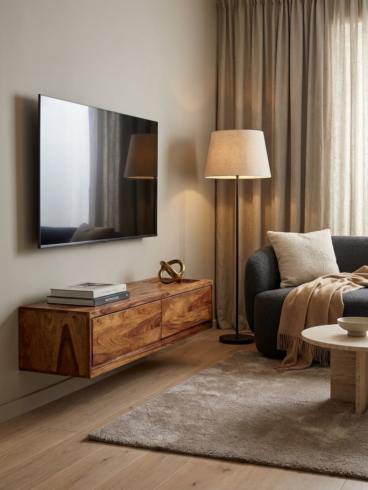 Lowboard Hängend Massivholz Modern Stil 108x25x34 cm Braun mit Stauraum