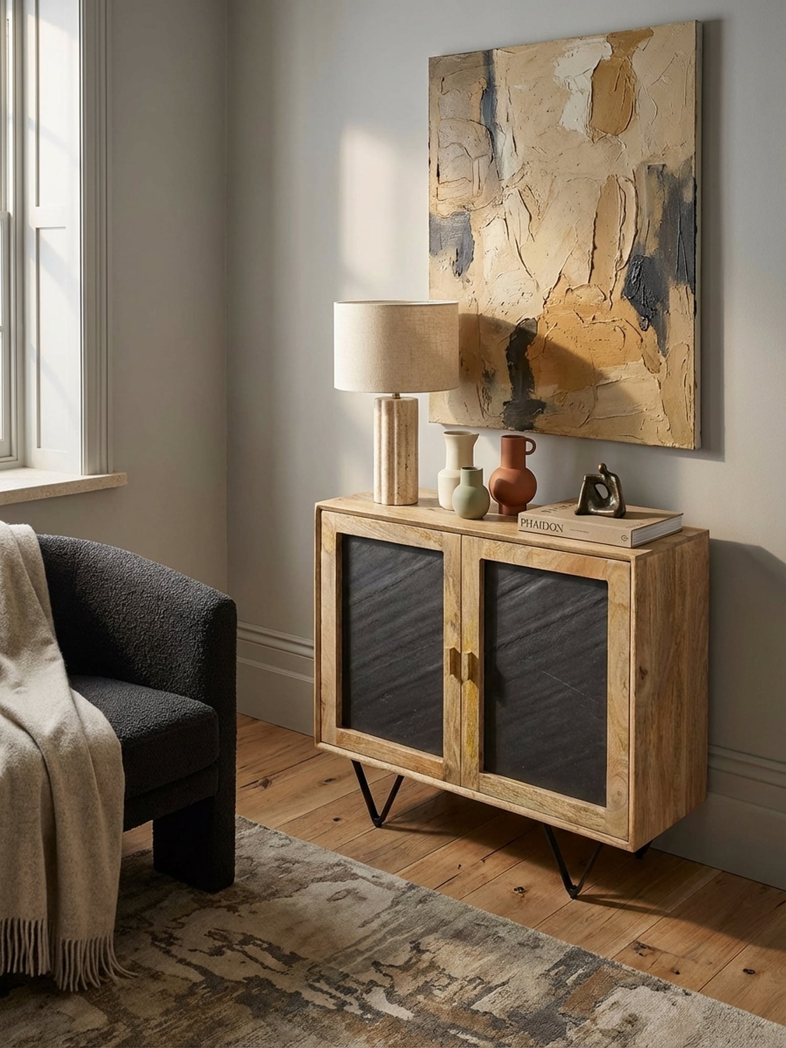 Sideboard &ndash; Mango Massivholz/Steinoptik, 80x75x35&nbsp;cm, 2 T&uuml;ren, klein, mit Metallgestell - Bild 1