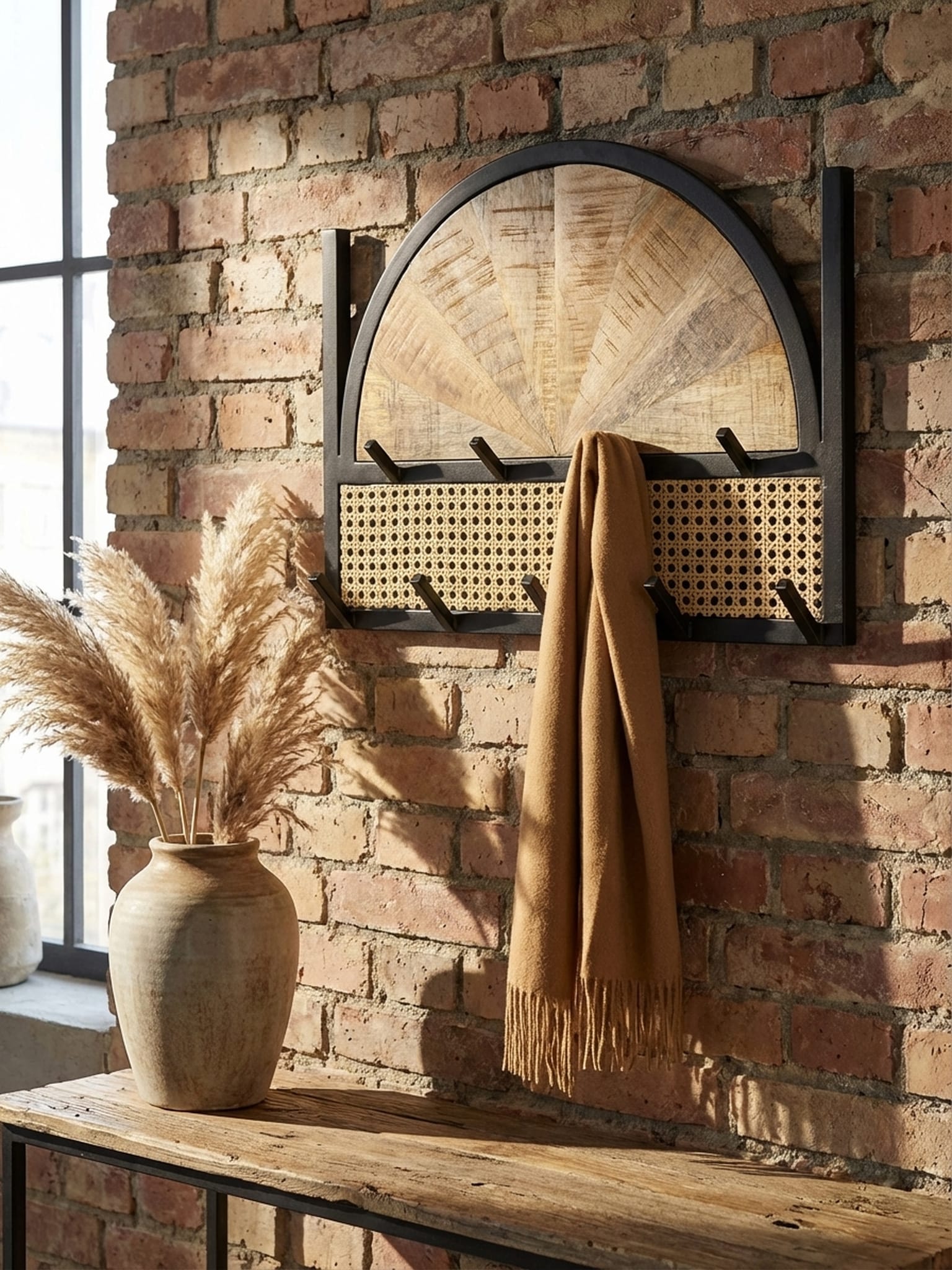 Wandgarderobe Mango Massivholz Rattan Modern 53x40x7,5 cm mit Wiener Geflecht und Metallrahmen - Bild 1
