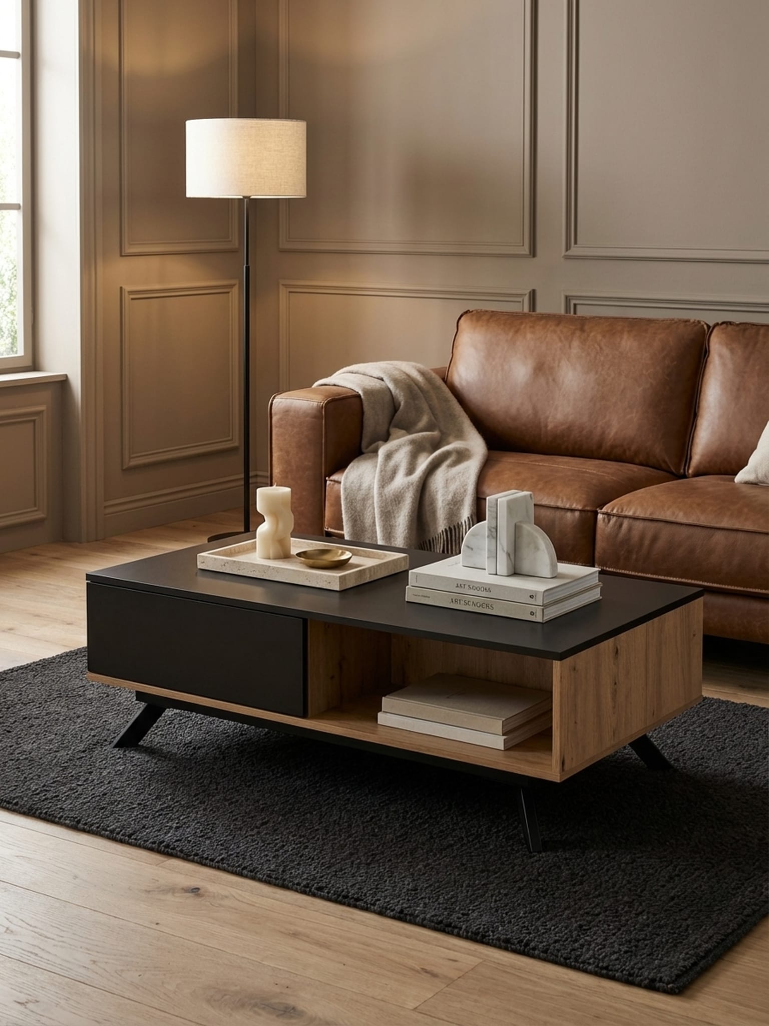 Couchtisch in Schwarz und Eiche-Dekor, MDF, mit Stauraum, Schubladen, Metallbeine, 110x60x38 cm - Bild 1