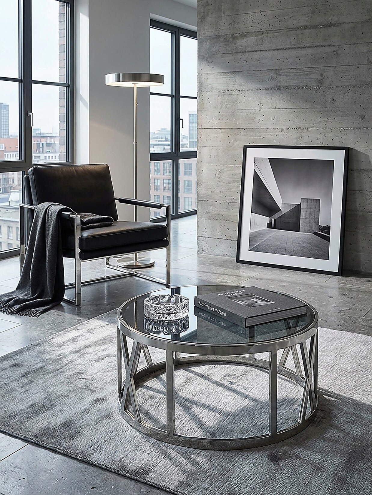 Couchtisch Glas Metall, Silber, Modernes Design, 60x60x30 cm