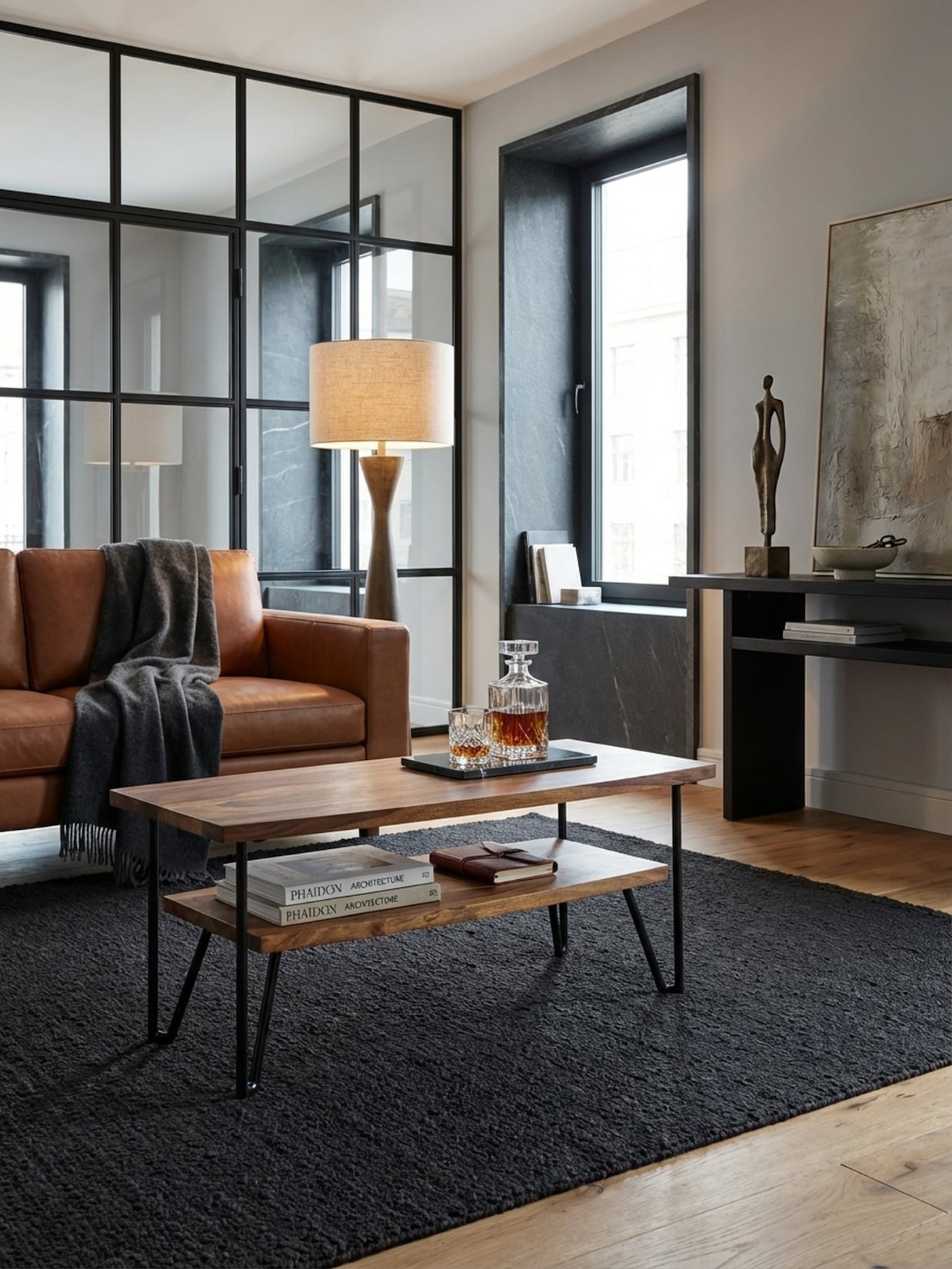 Couchtisch in Massivholz mit Metall, 90x50x40 cm, Rechteckig, Stauraum, Industrial Design