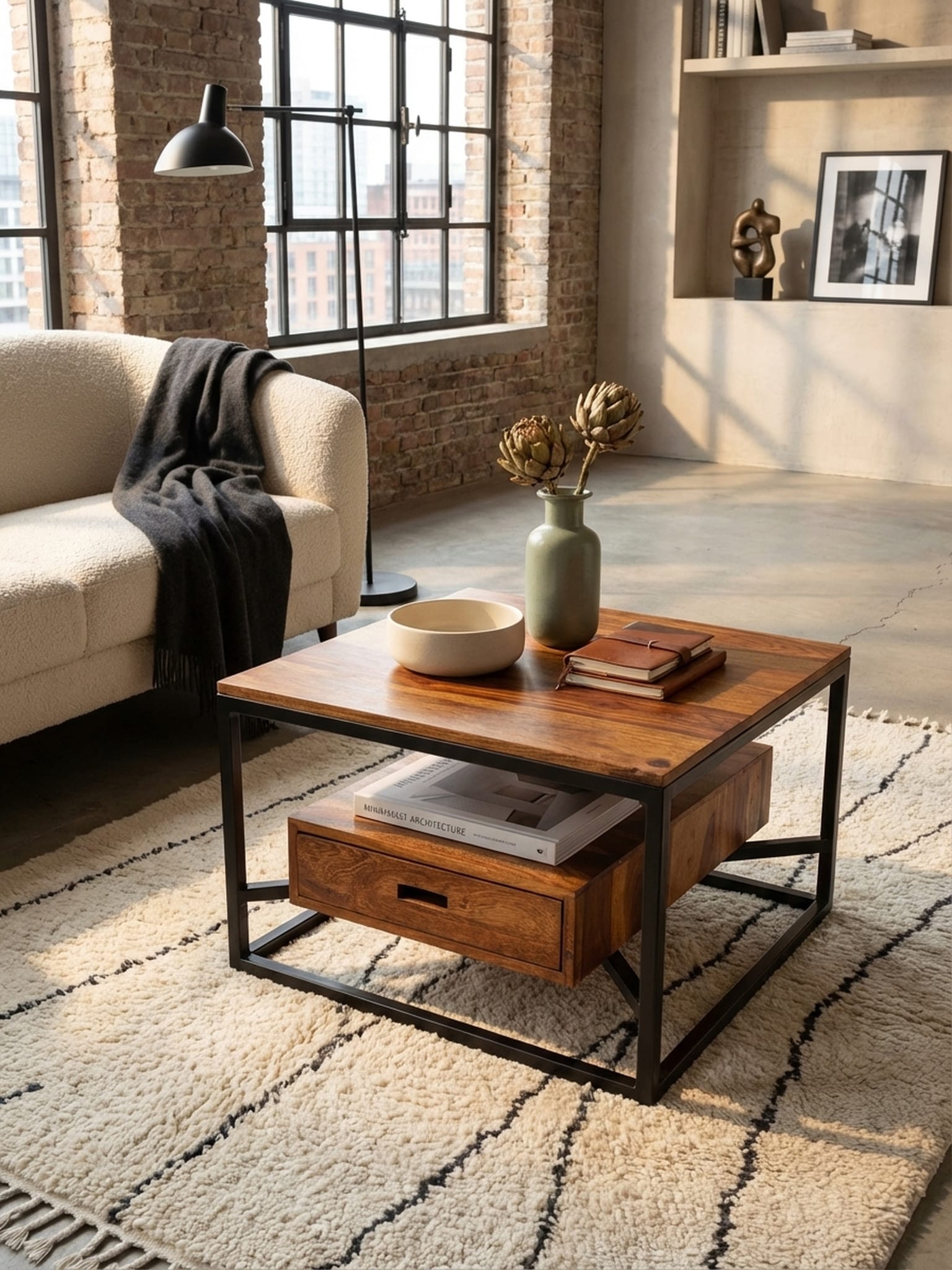 Couchtisch Quadratisch in Massivholz und Metall, mit Schublade, 60x60x40cm, Moderner Stil - Bild 1