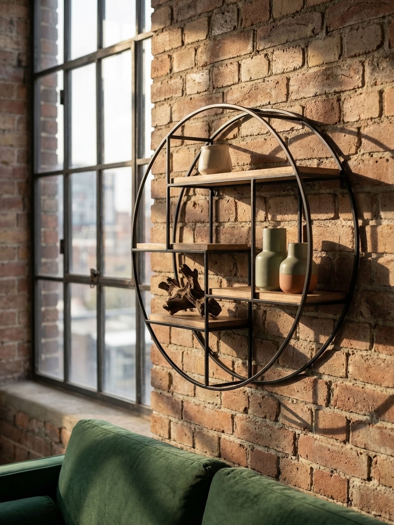Wandregal Mango Massivholz Metall Industrial Stil Rund 70x70x18 cm - Bild 1