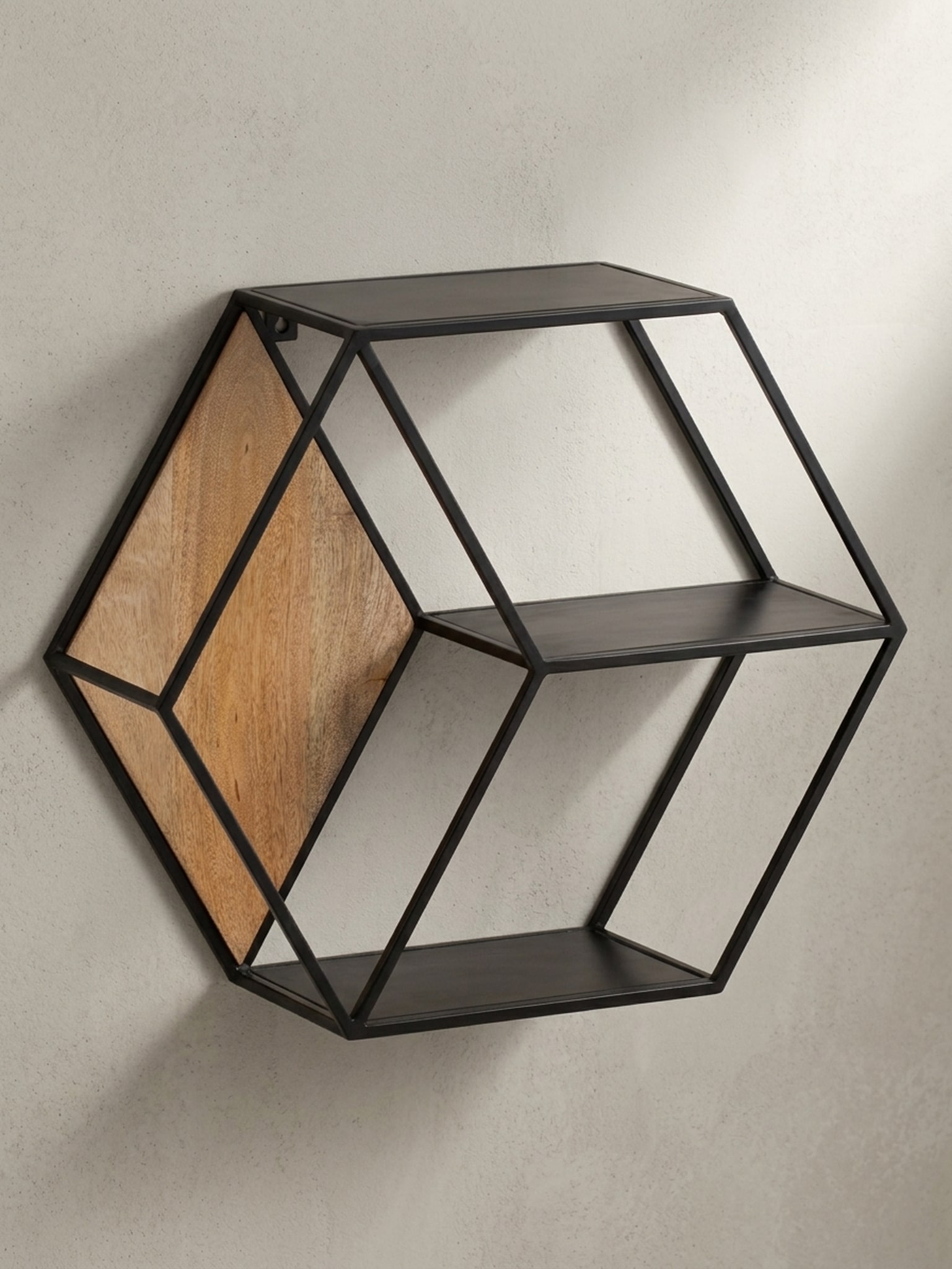 Wandregal Mango Massivholz Metall Industrial Stil 60x52x20 cm Sechseckig mit 3 Ablagen - Bild 1