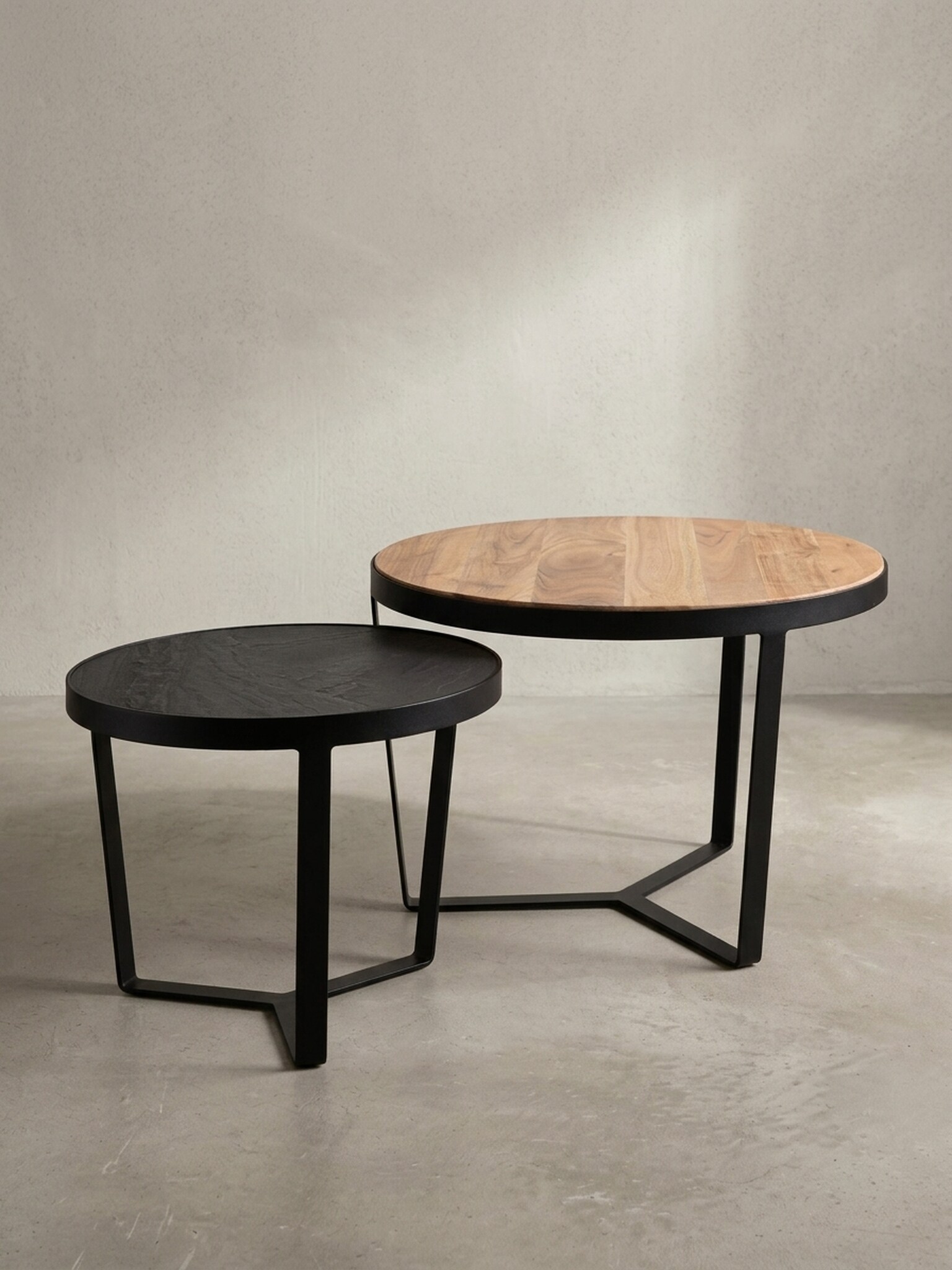 Couchtisch Set rund &ndash; Akazie Massivholz, Steinoptik, Metallgestell, Braun-Anthrazit - Bild 1