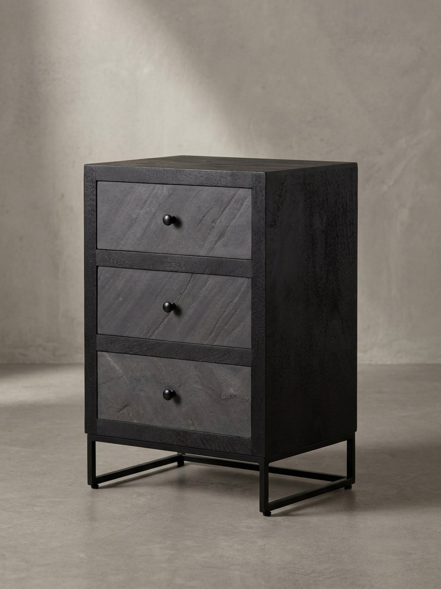 Nachttisch Massivholz Steinoptik 3 Schubladen Metallgestell, Schwarz 40x30x60 cm - Bild 1