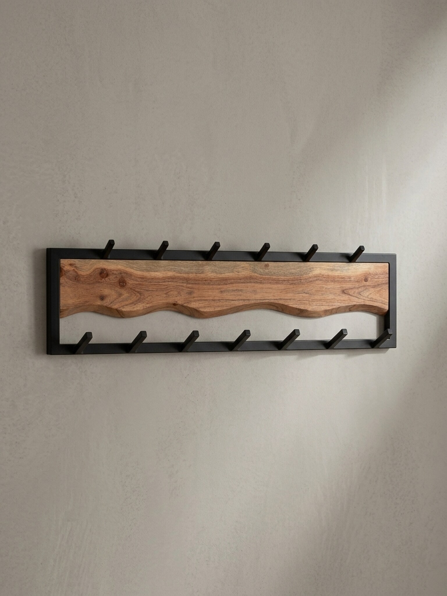Wandgarderobe Akazie Massivholz Metall Modern 80x20x8 cm mit Wellenmuster - Bild 1
