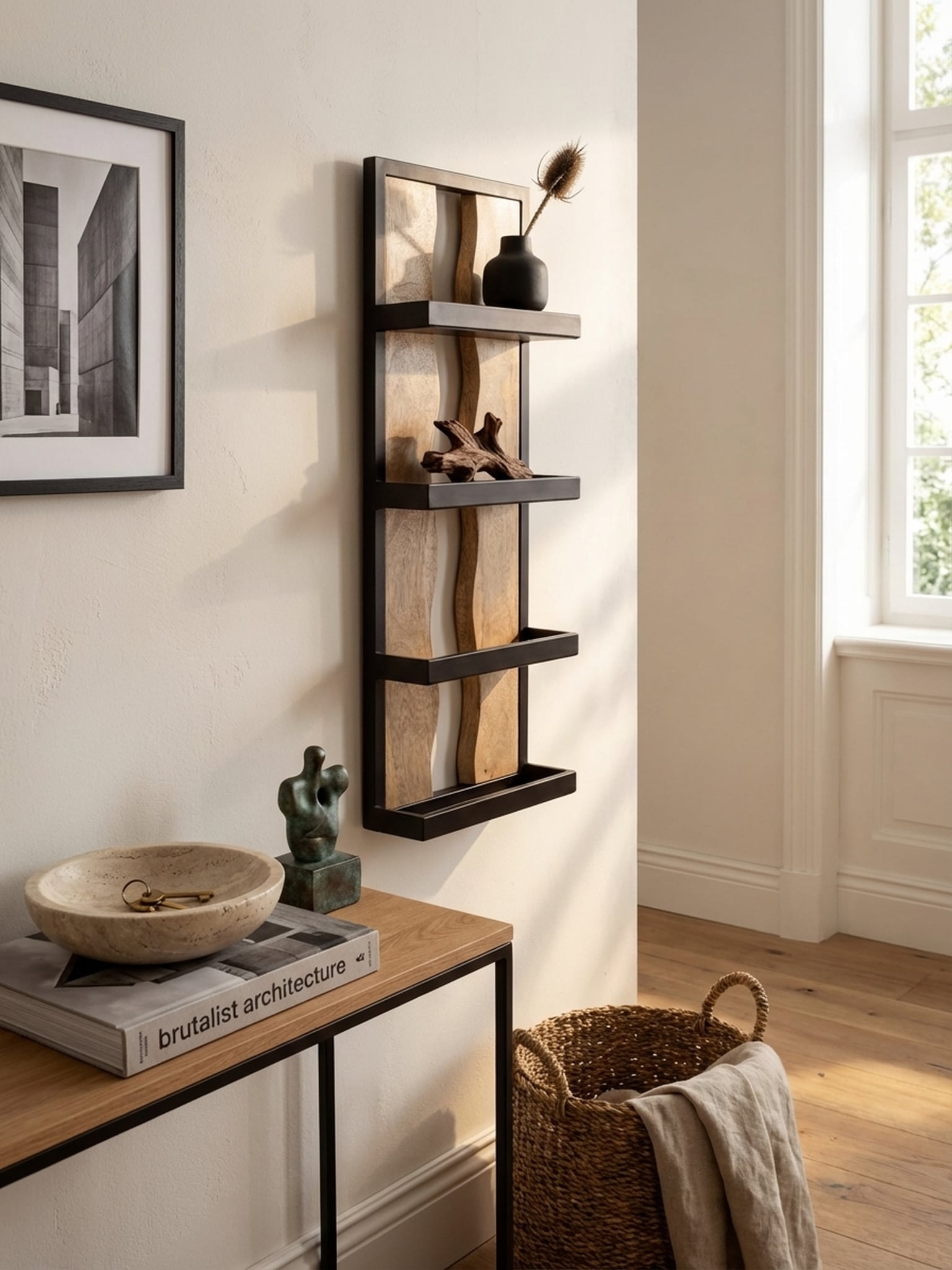 Wandregal Mango Massivholz Metall Industrial Stil 30x80x10 cm Rechteckig mit 4 Ablagen und Wellenmuster - Bild 1