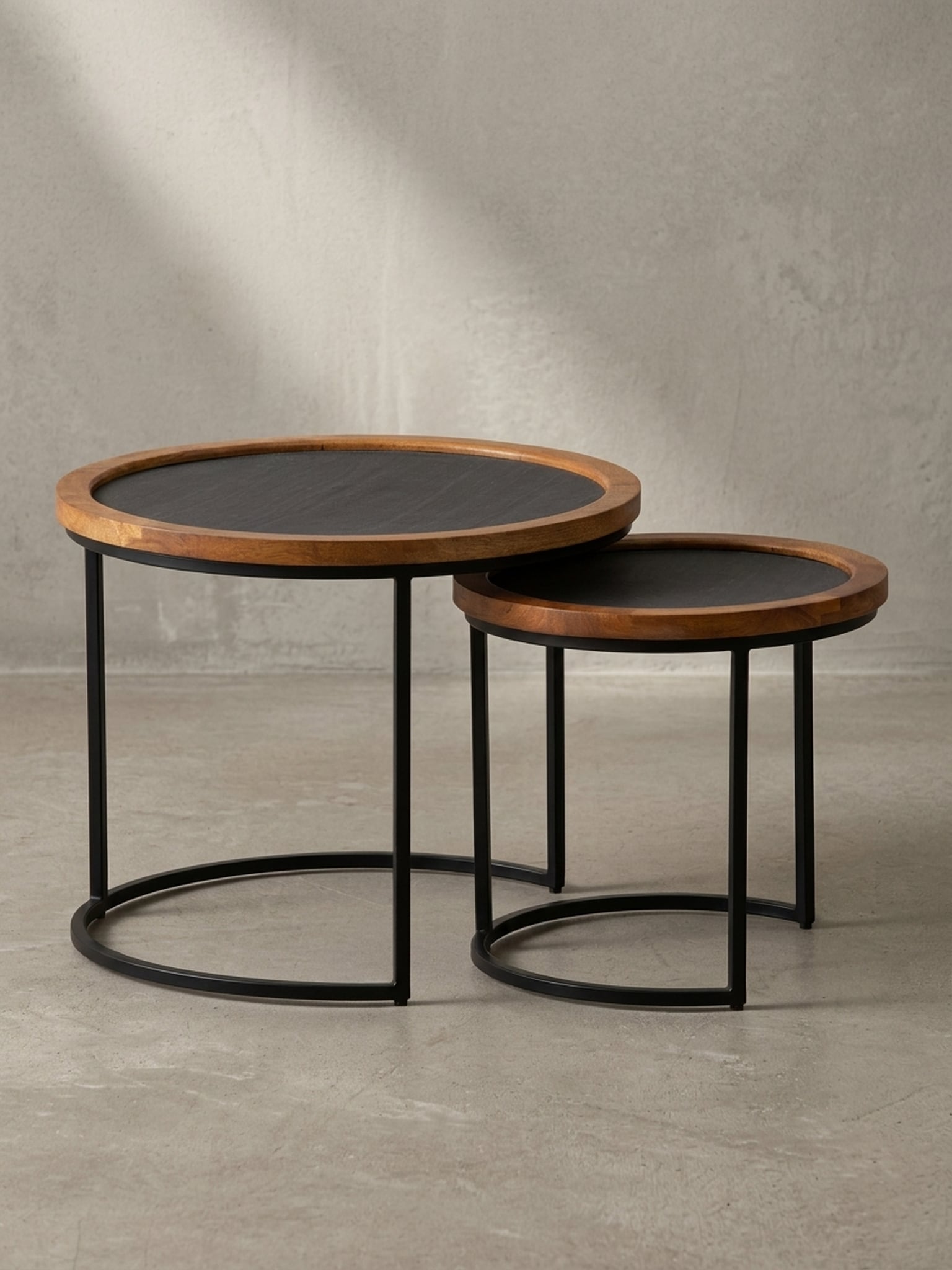 Couchtisch Set &ndash; 2-teilig Rund Mango Massivholz Steinoptik Metall Braun Anthrazit - Bild 1