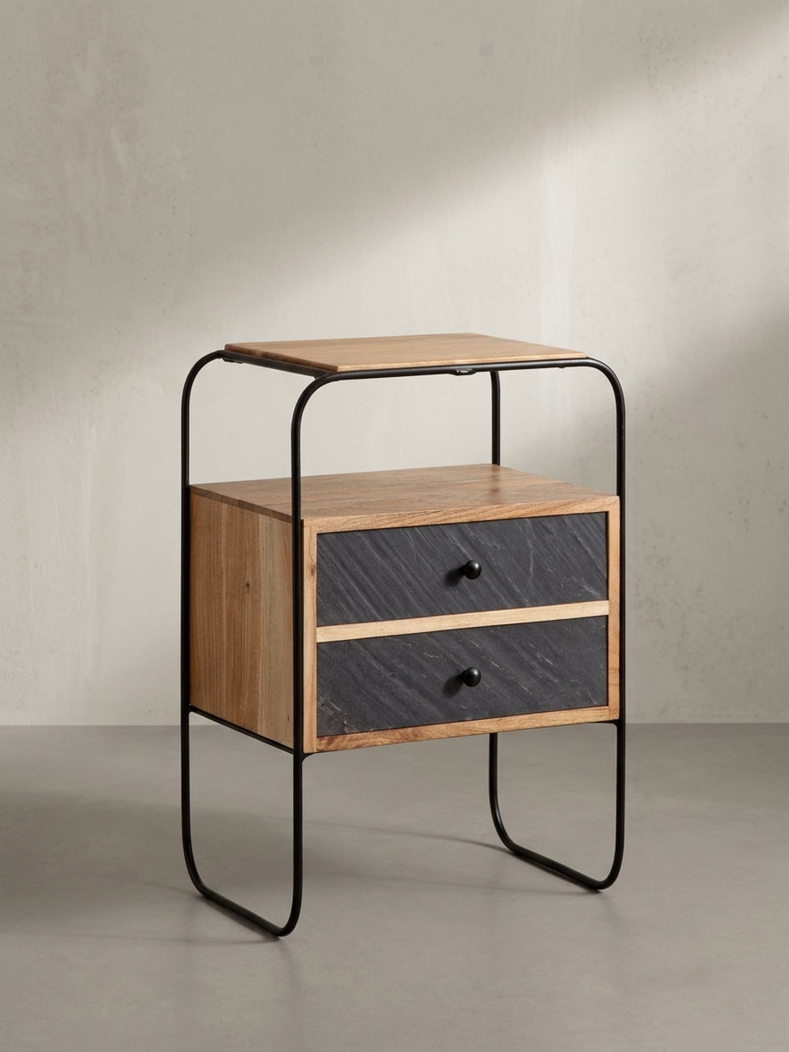 Nachttisch Massivholz Steinoptik 2 Schubladen Ablage Metallgestell, Akazie 40x30x60 cm - Bild 1