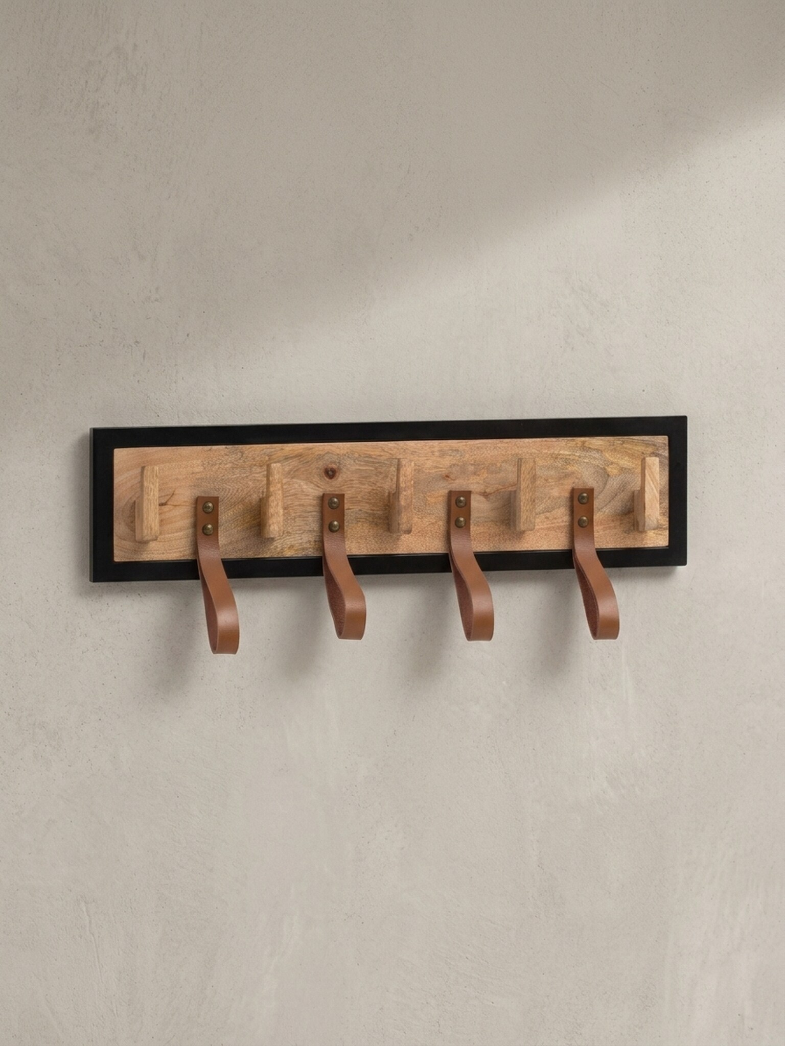 Wandgarderobe Mango Massivholz Echtleder Modern 60x15x6 cm mit Schlaufen - Bild 1
