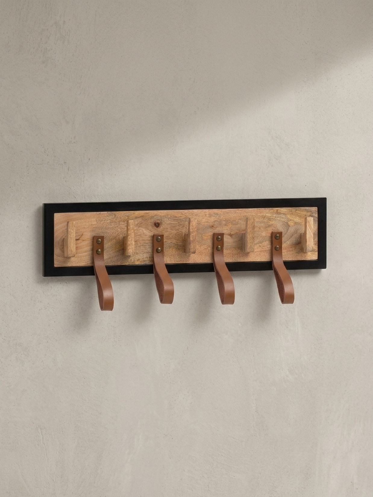 Wandgarderobe Mango Massivholz Echtleder Modern 60x15x6 cm mit Schlaufen