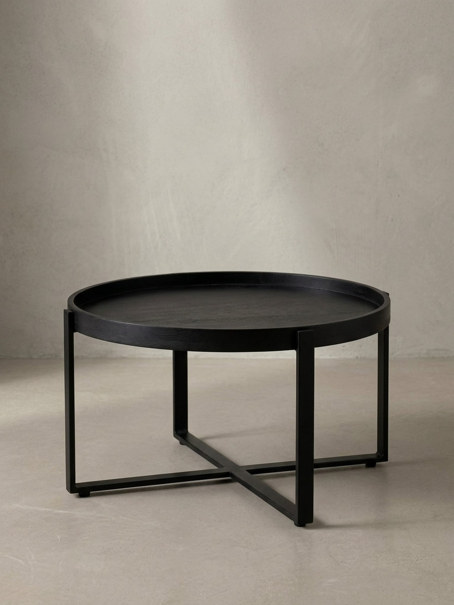 Couchtisch Schwarz Mango Massivholz Metall, Rund mit erh&ouml;htem Rand, 60x60x35 cm - Bild 1