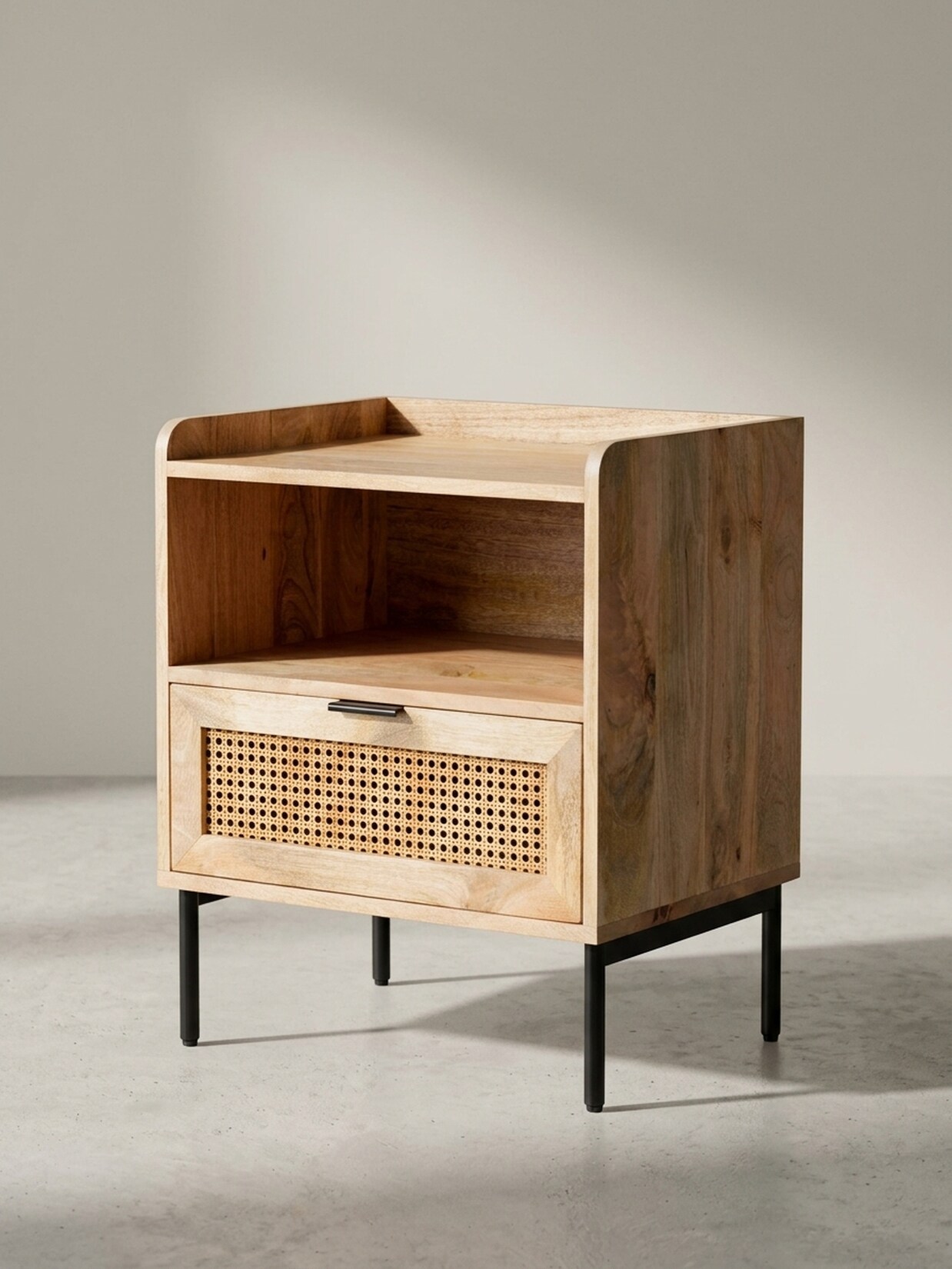 Nachttisch – Mango Massivholz/Rattan, 50x60x40 cm, 1 Schublade, Wiener Geflecht