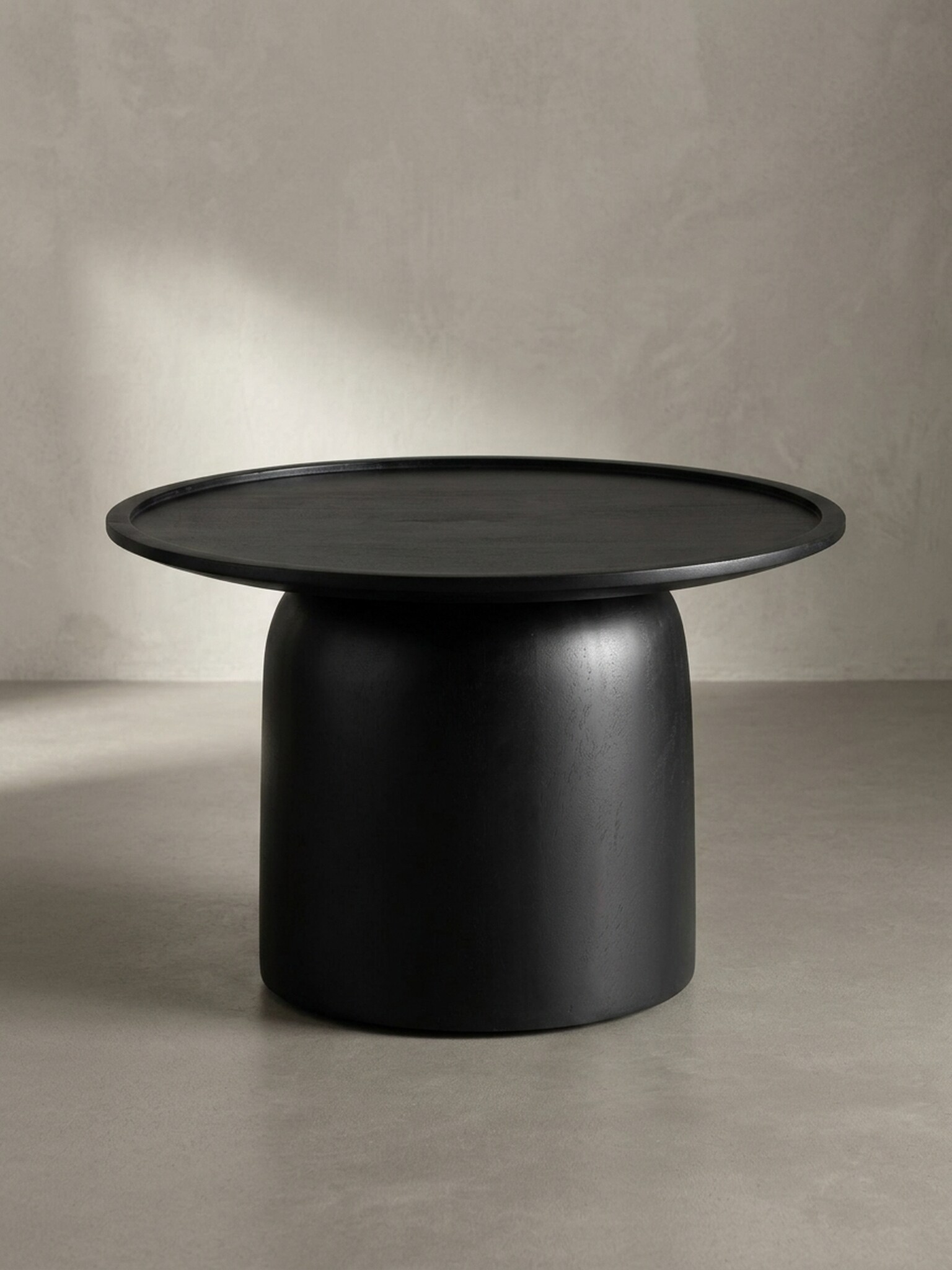 Couchtisch Rund Schwarz Mango Massivholz, 60x60x40 cm, Erh&ouml;hter Rand, Trommelgestell - Bild 1