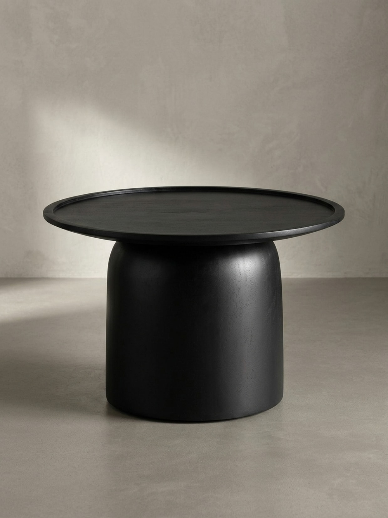 Couchtisch Rund Schwarz Mango Massivholz, 60x60x40 cm, Erhöhter Rand, Trommelgestell
