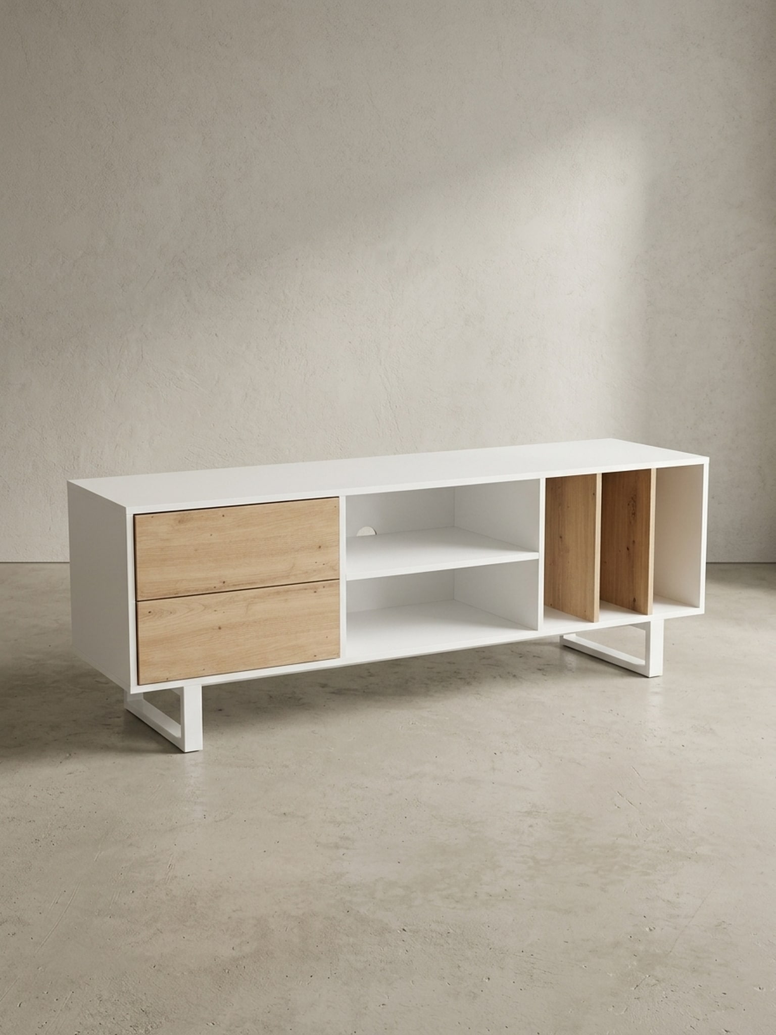 TV-Lowboard mit Eiche-Dekor, Schubladen und offenes Regal, modern, Wei&szlig; 150x40x55 cm - Bild 1