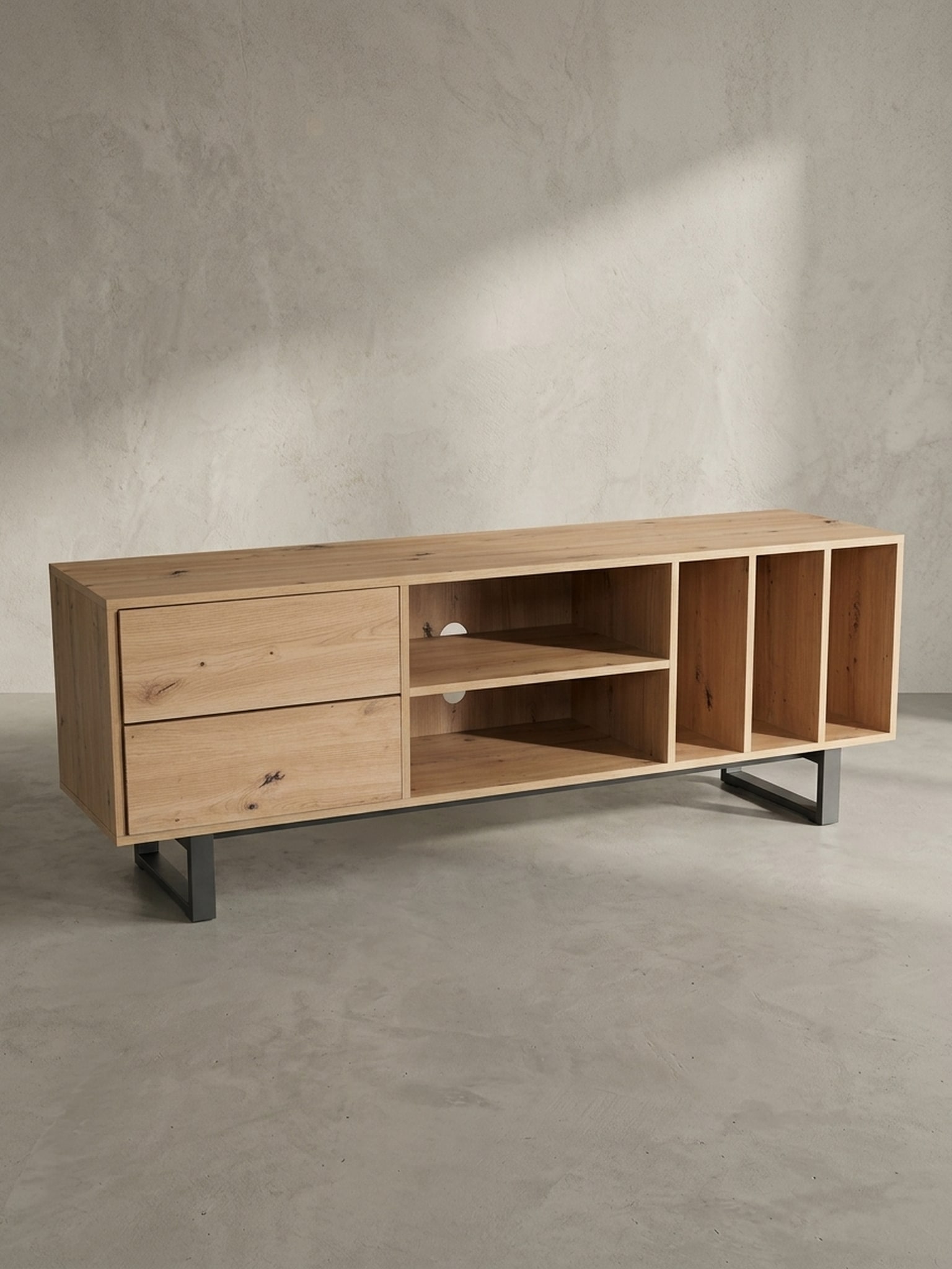 TV-Lowboard mit Eiche-Dekor, Schubladen und offenes Regal, modern, Braun 150x40x55 cm - Bild 1