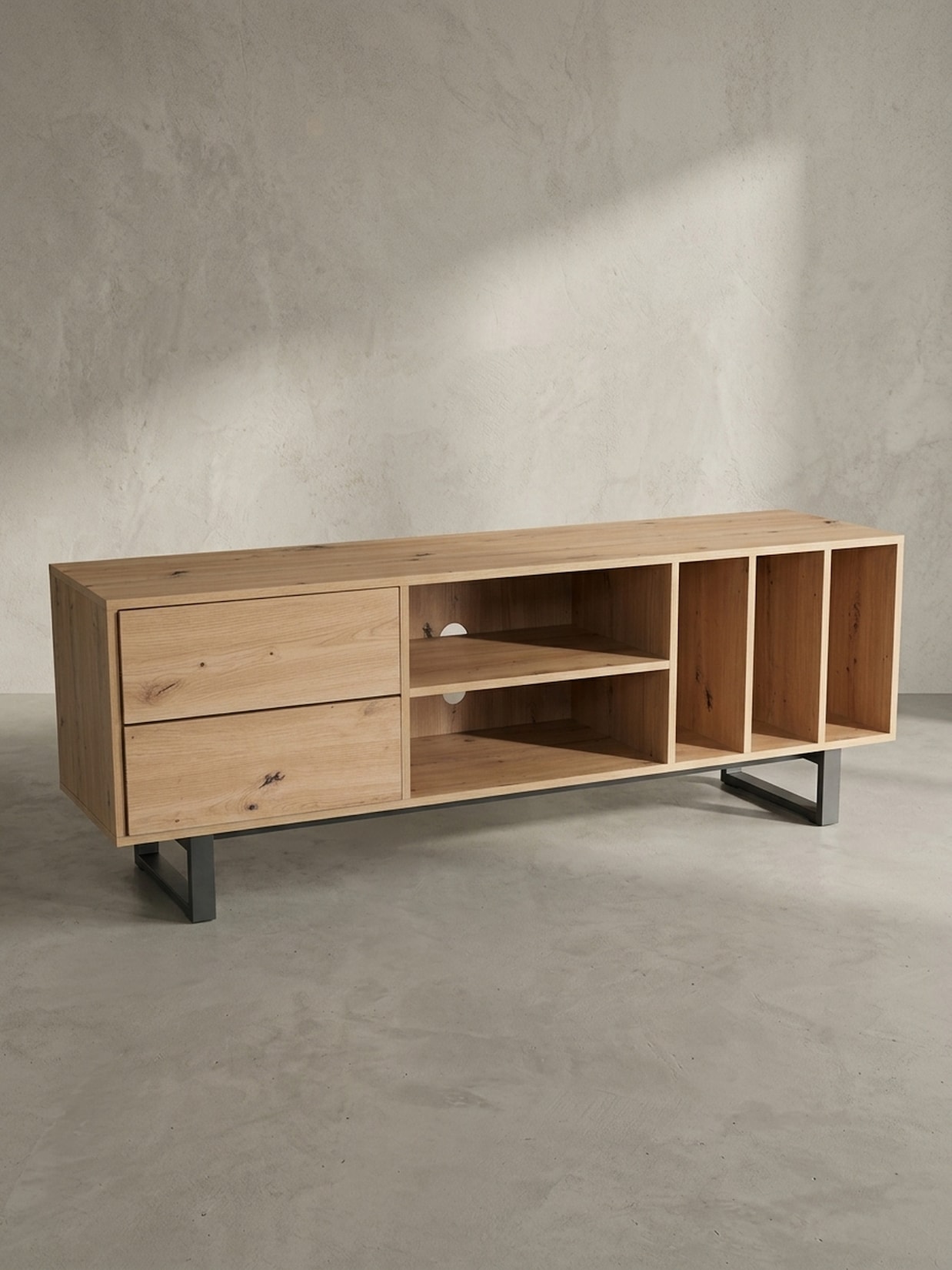 TV-Lowboard mit Eiche-Dekor, Schubladen und offenes Regal, modern, Braun 150x40x55 cm